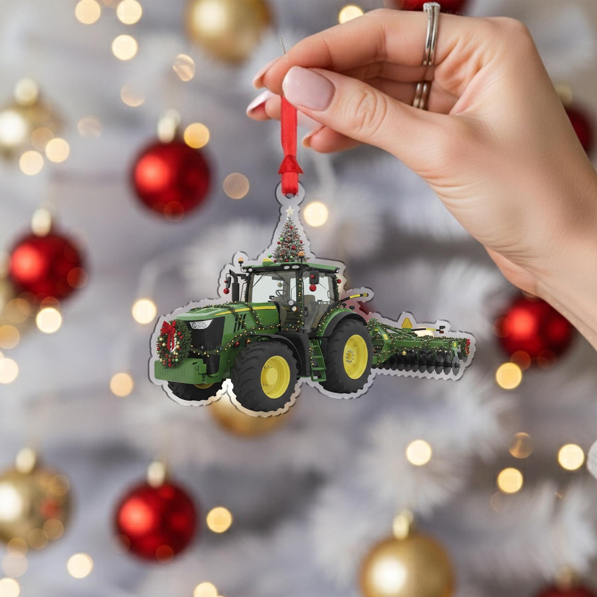Wooden Tractor Ornament – Farm Equipment Christmas Tree Decoration with Wreath and Lights