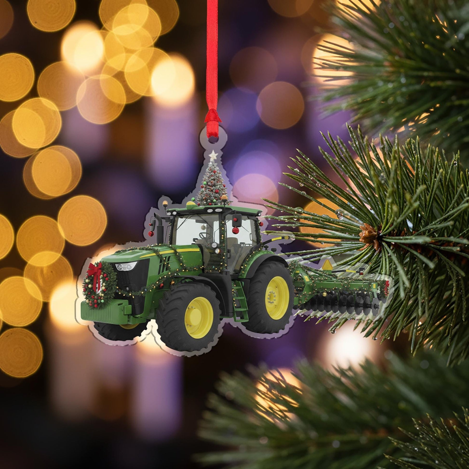 Wooden Tractor Ornament – Farm Equipment Christmas Tree Decoration with Wreath and Lights