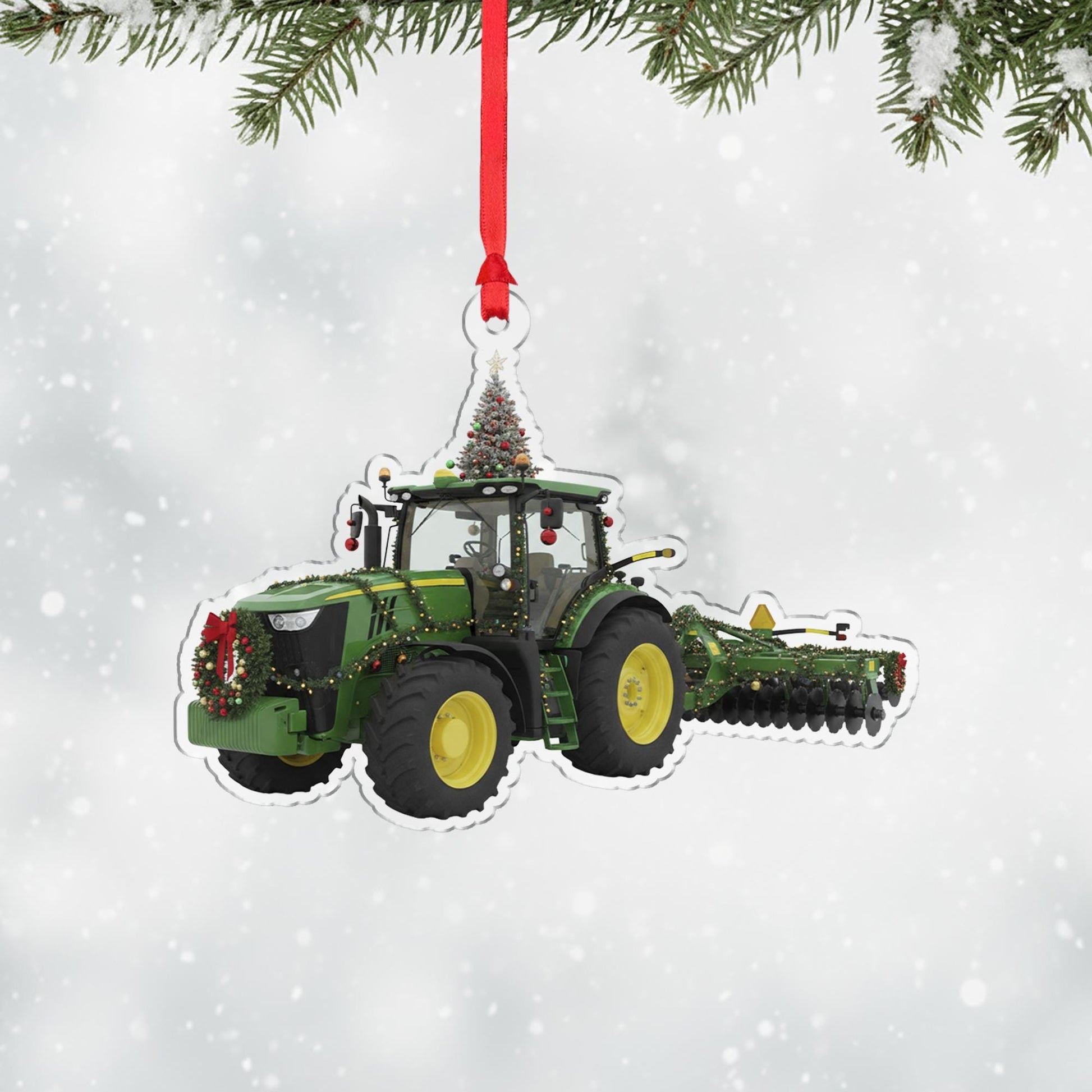 Wooden Tractor Ornament – Farm Equipment Christmas Tree Decoration with Wreath and Lights