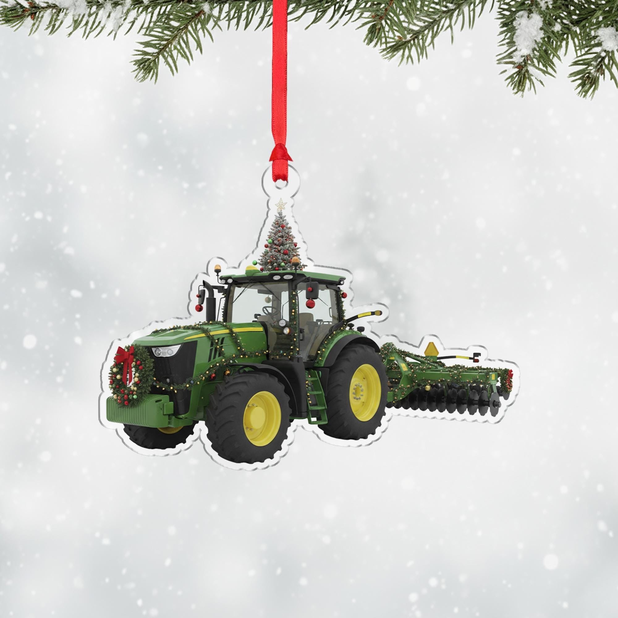 Wooden Tractor Ornament – Farm Equipment Christmas Tree Decoration with Wreath and Lights