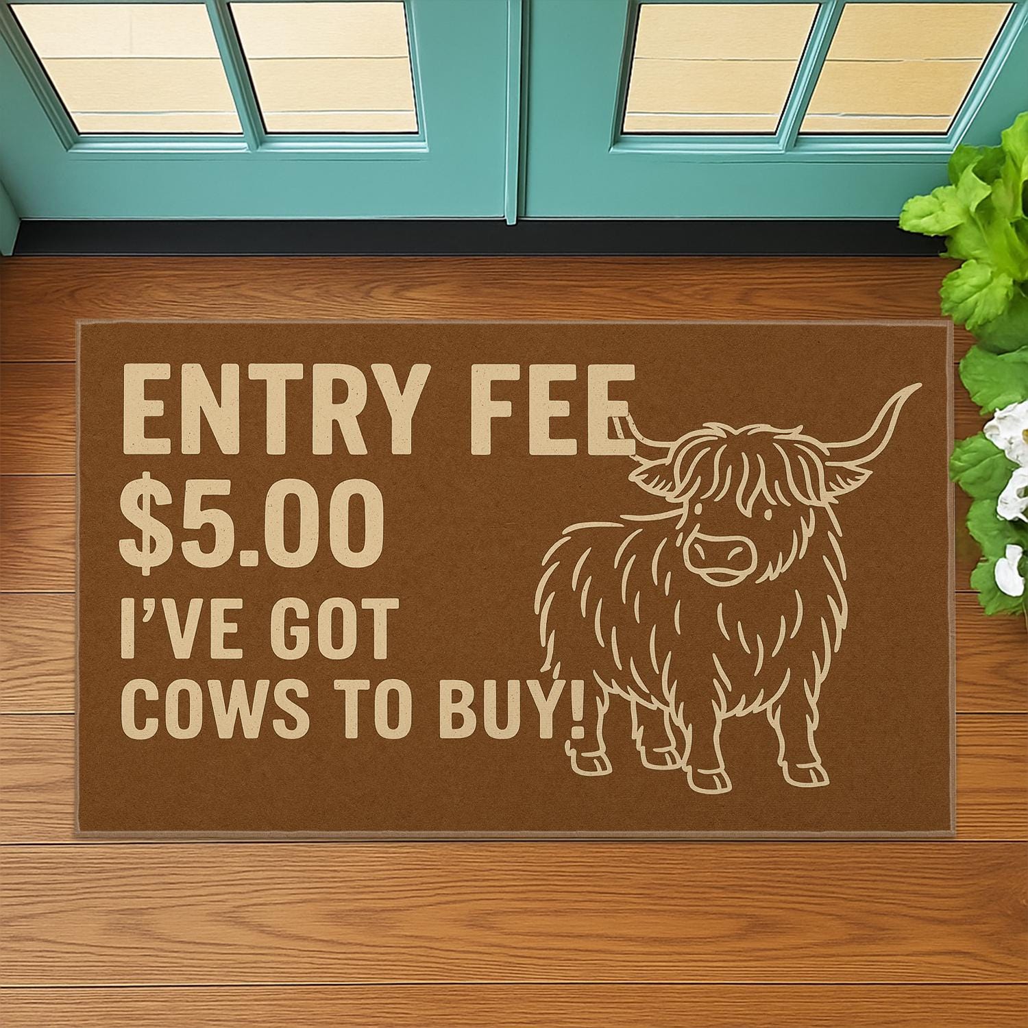 Coir Doormat – Entry Fee 5 Dollars Cows to Buy with Highland Cow Farmhouse Design