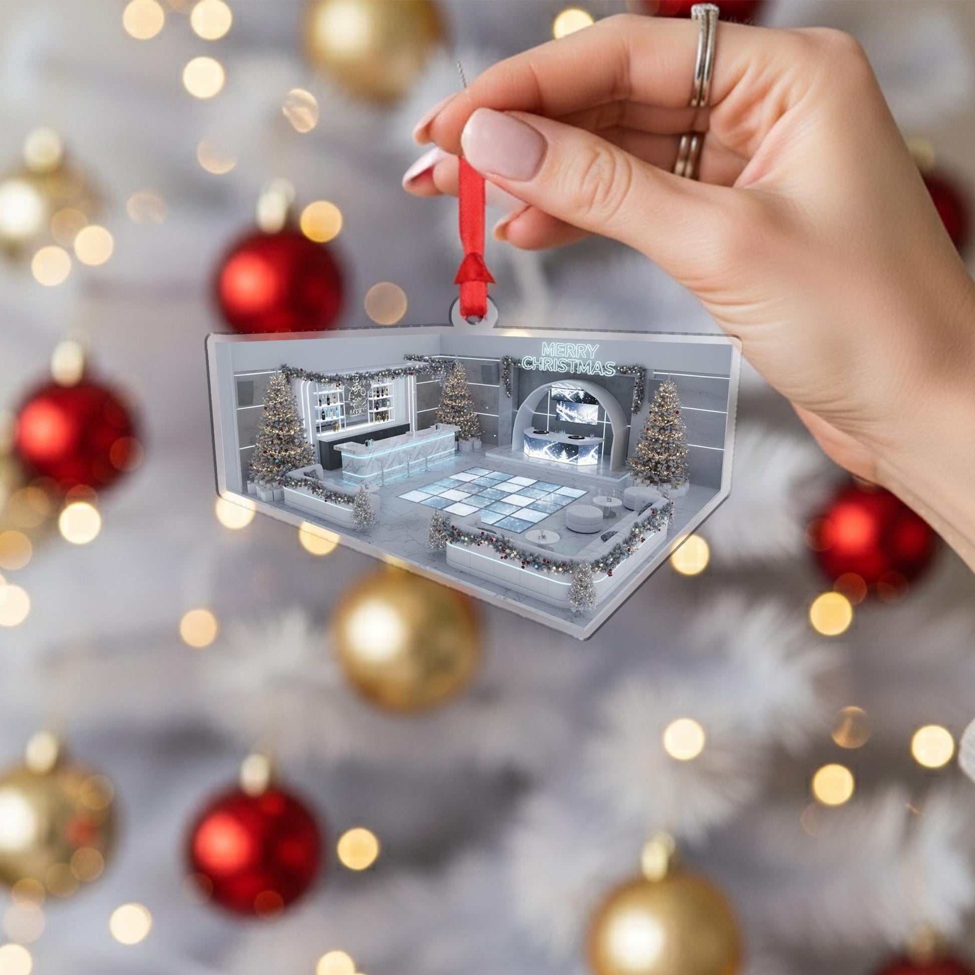 Acrylic Lounge Ornament – Modern Bar Scene Christmas Tree Decoration with Lights and Trees
