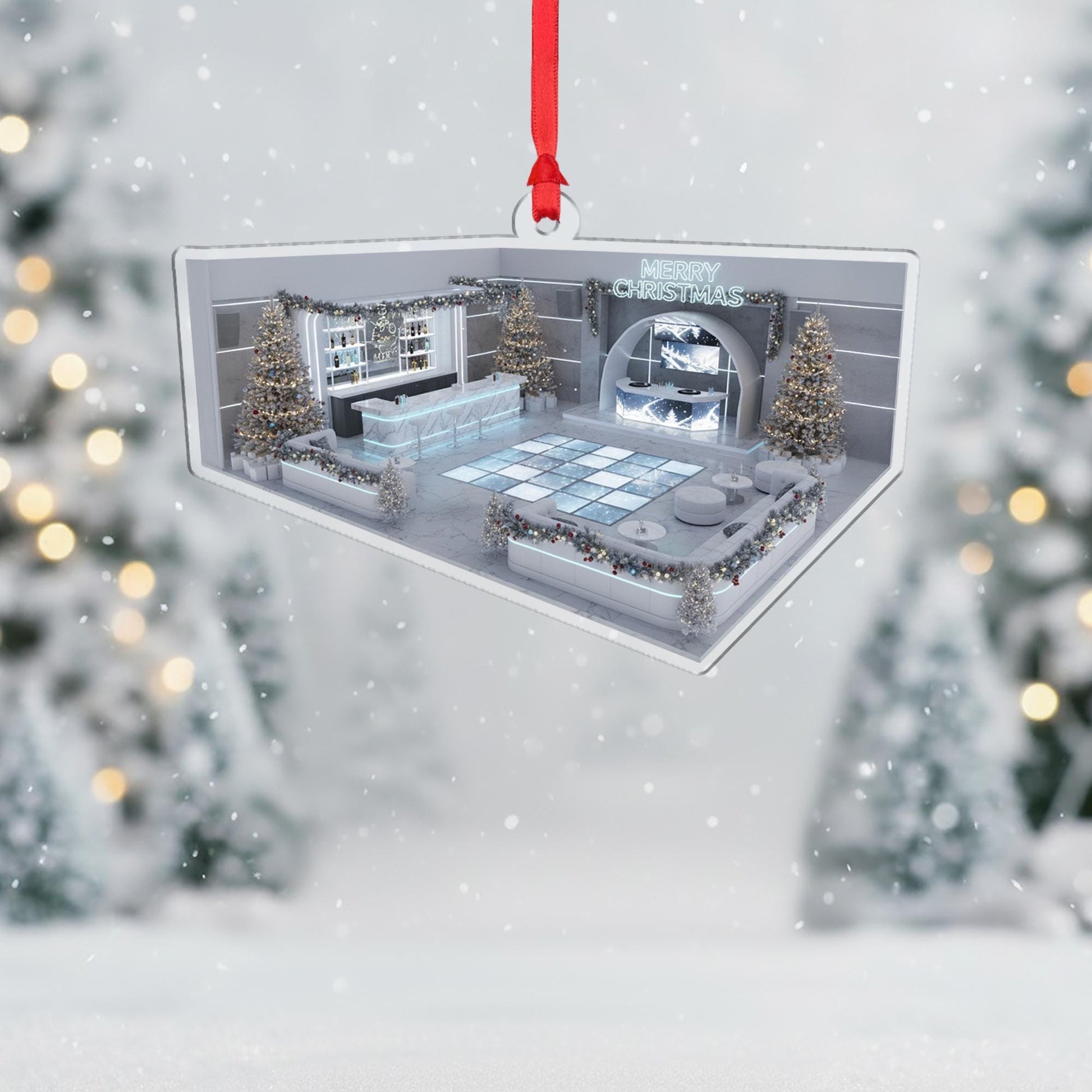 Acrylic Lounge Ornament – Modern Bar Scene Christmas Tree Decoration with Lights and Trees