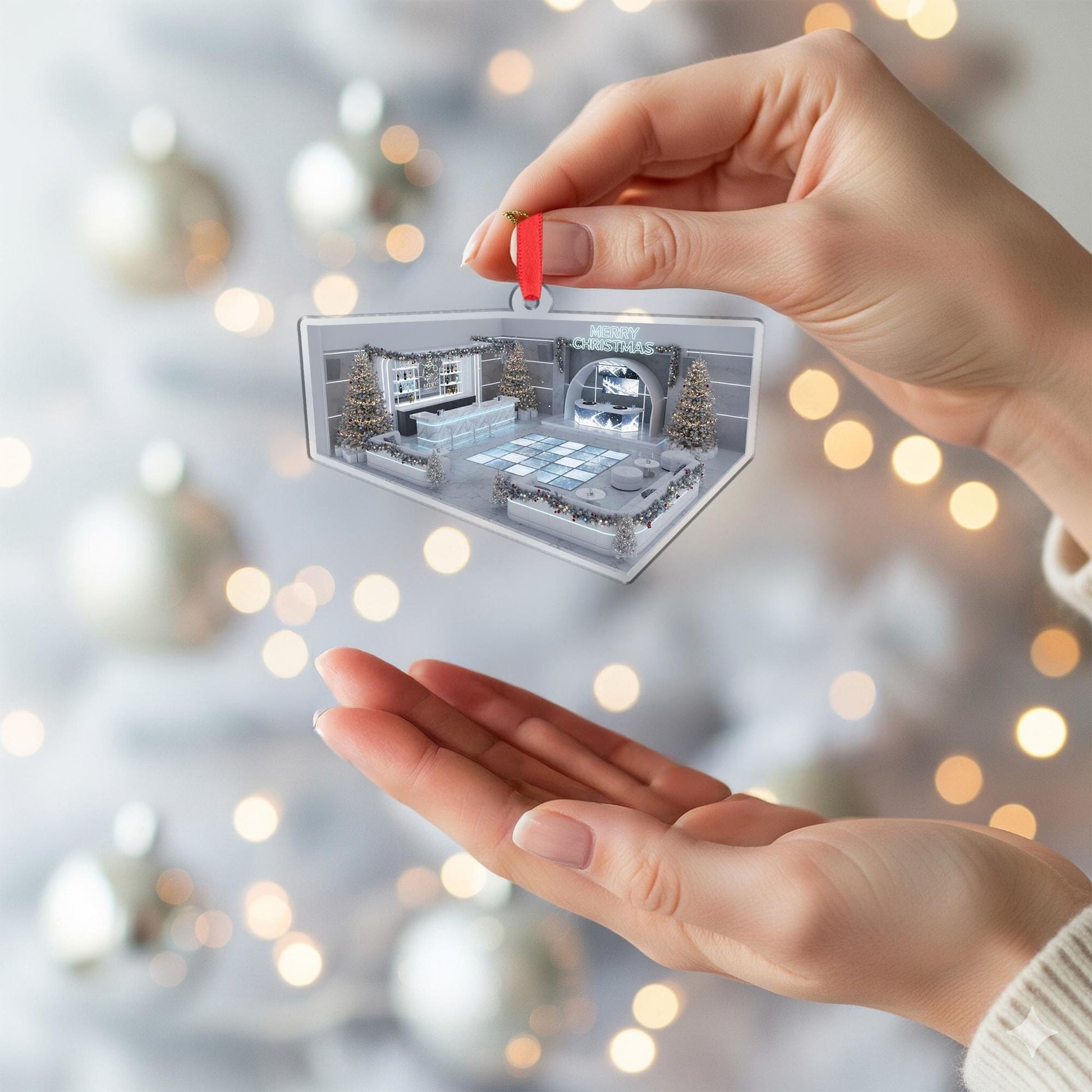 Acrylic Lounge Ornament – Modern Bar Scene Christmas Tree Decoration with Lights and Trees