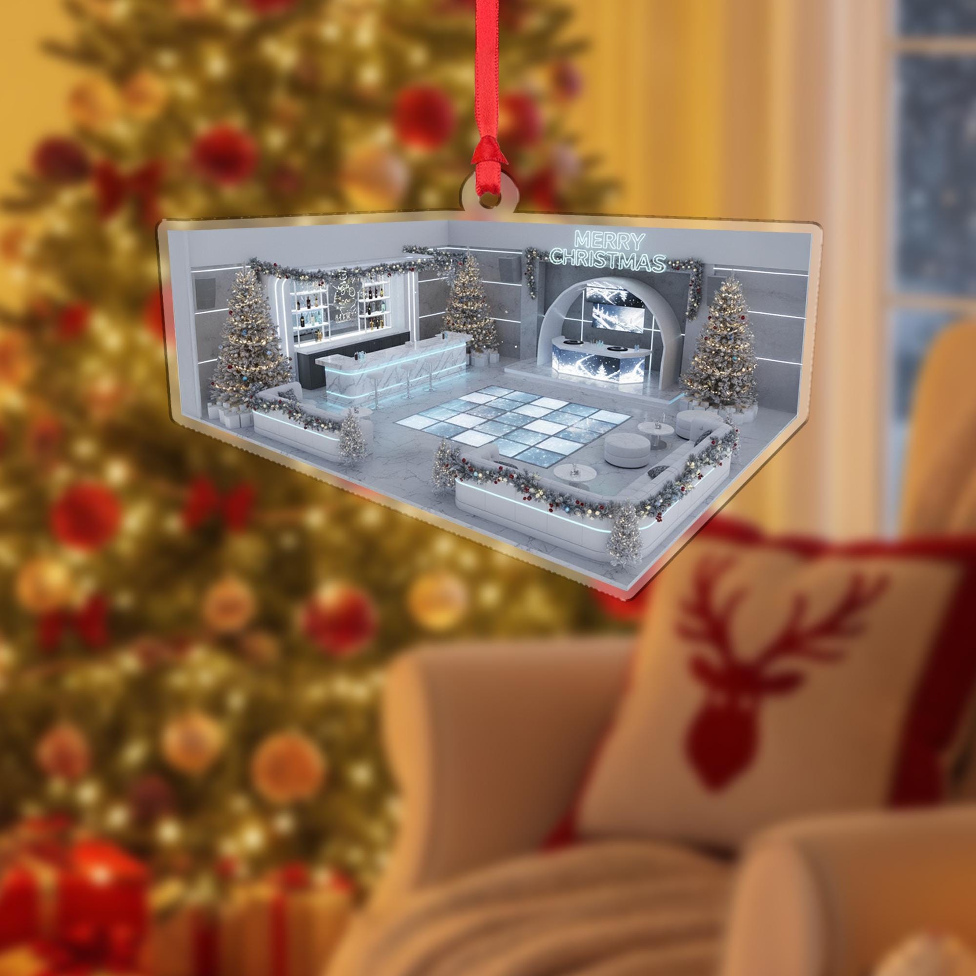 Acrylic Lounge Ornament – Modern Bar Scene Christmas Tree Decoration with Lights and Trees