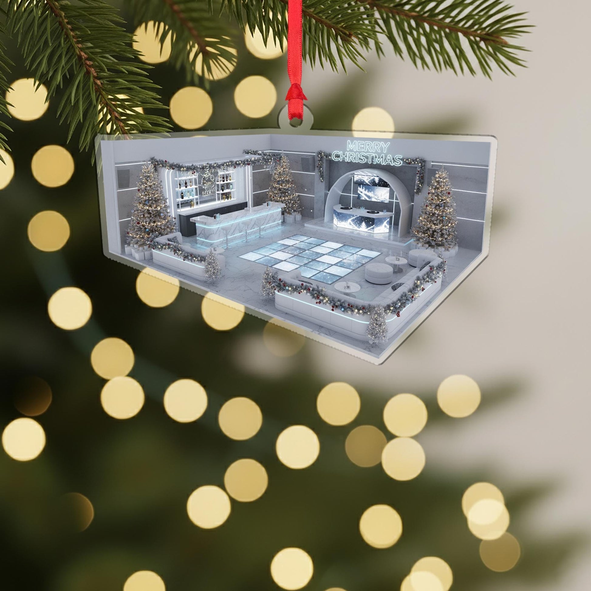 Acrylic Lounge Ornament – Modern Bar Scene Christmas Tree Decoration with Lights and Trees
