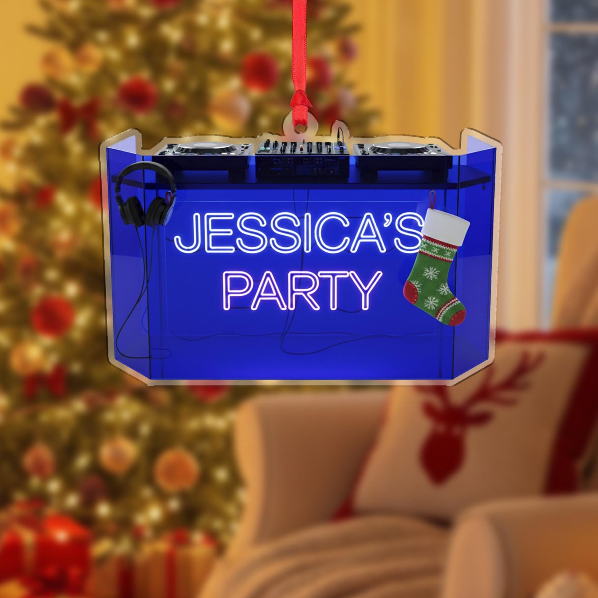 Personalized Party Ornament – Custom Wooden DJ Booth Christmas Decoration with Neon Sign