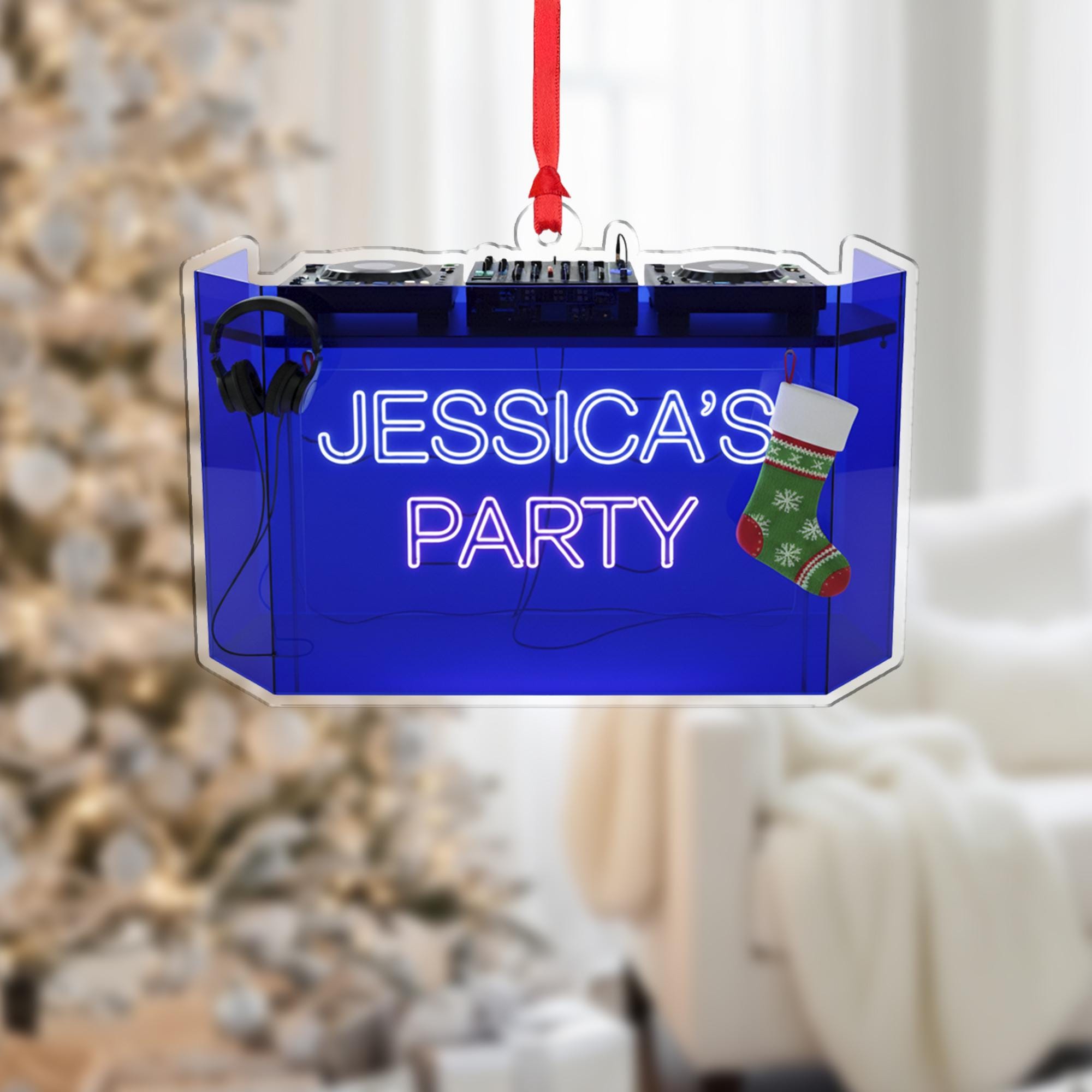 Personalized Party Ornament – Custom Wooden DJ Booth Christmas Decoration with Neon Sign
