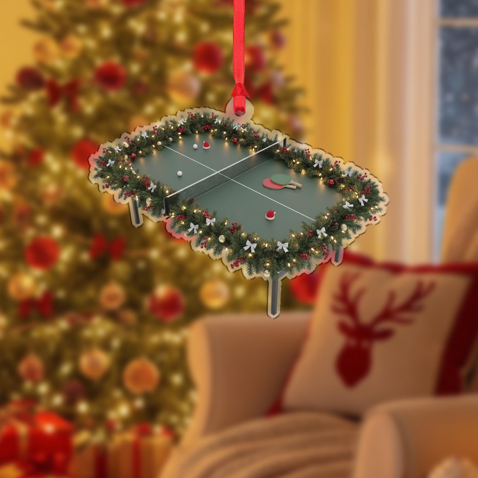 Wooden Ping Pong Ornament – Table Tennis Christmas Tree Decoration with Paddles and Garland
