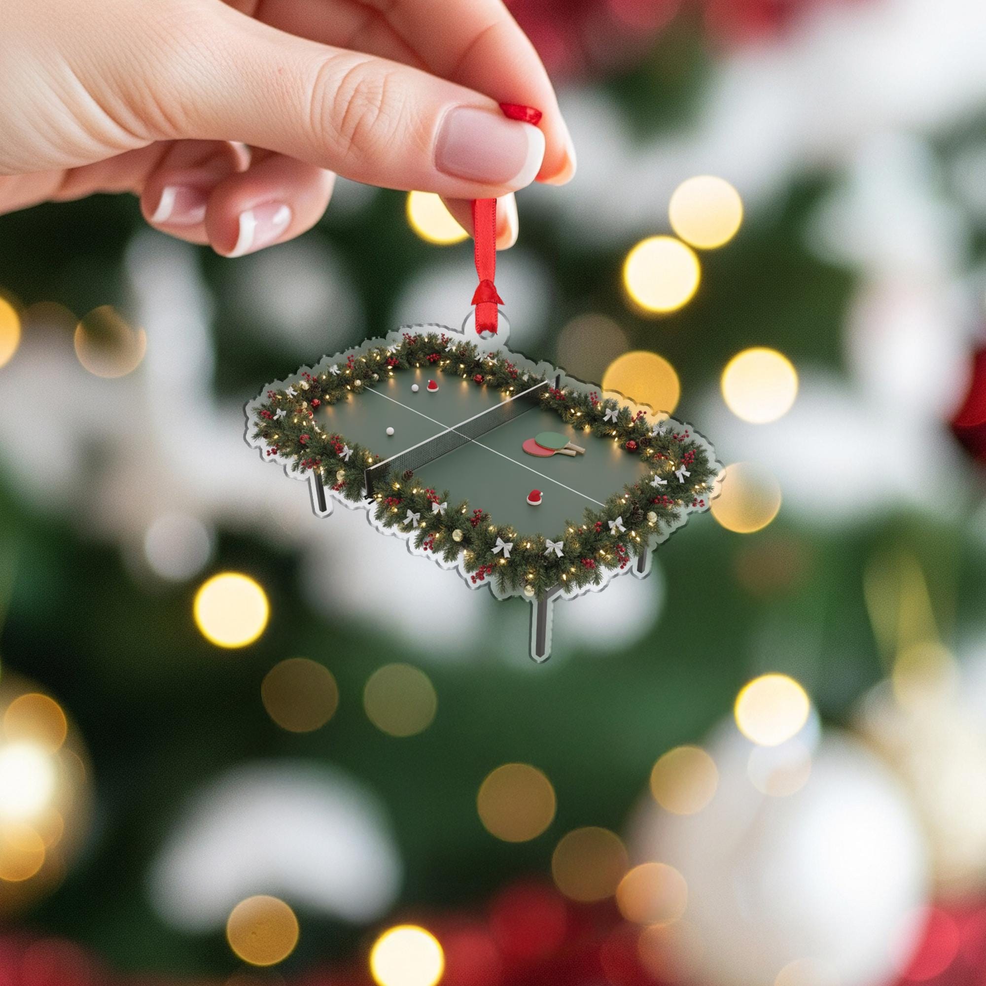 Wooden Ping Pong Ornament – Table Tennis Christmas Tree Decoration with Paddles and Garland