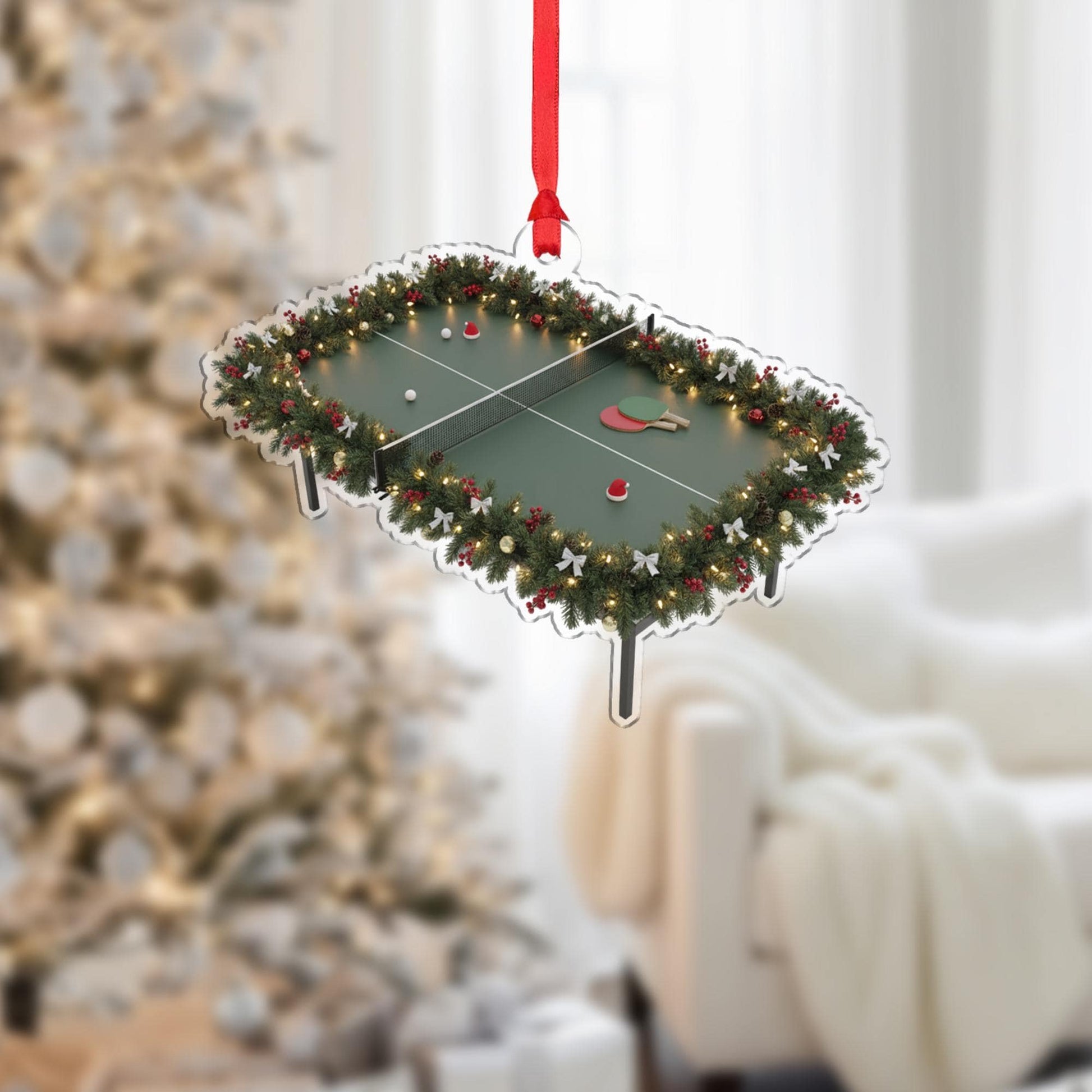 Wooden Ping Pong Ornament – Table Tennis Christmas Tree Decoration with Paddles and Garland