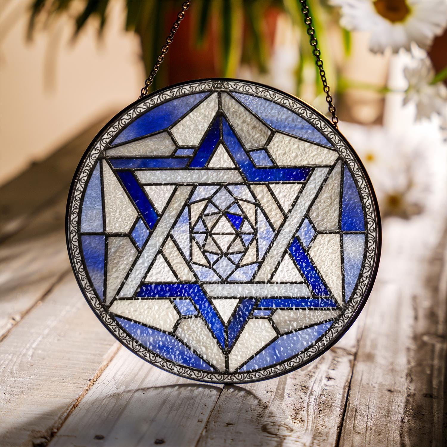 Glass Suncatcher Star of David Blue Stained Glass Judaica Window Hanging