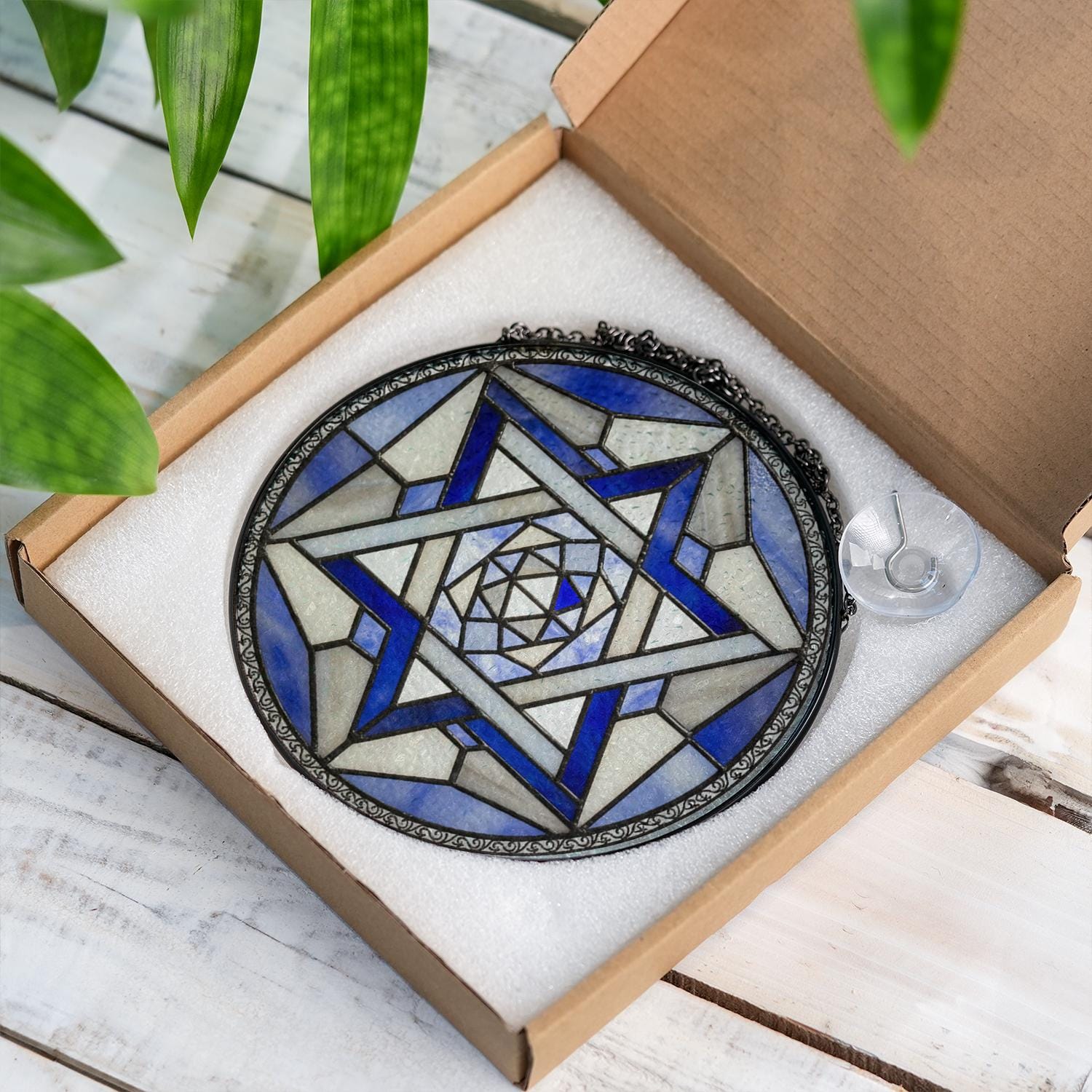 Glass Suncatcher Star of David Blue Stained Glass Judaica Window Hanging