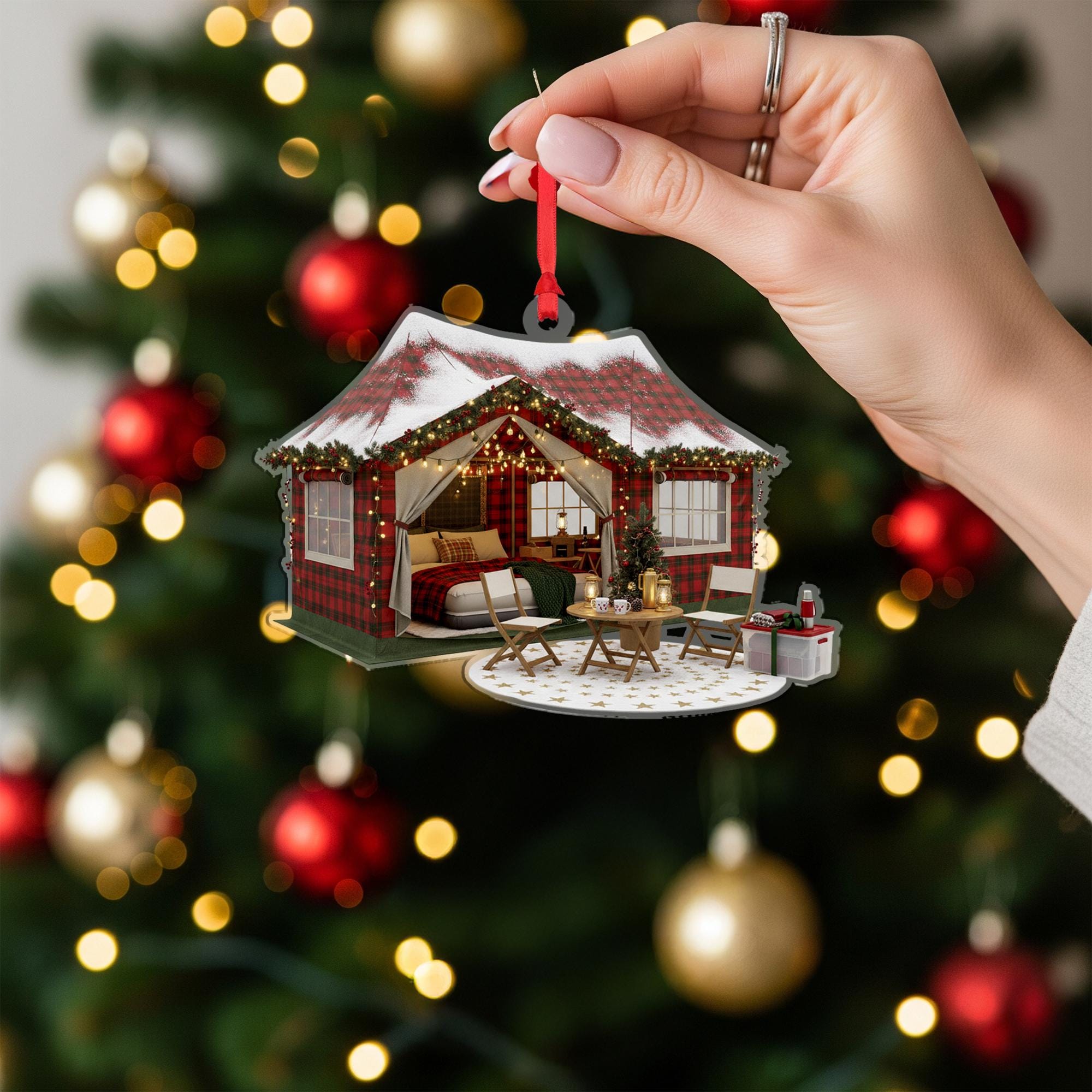 Plaid Cabin Ornament: Rustic Christmas Decor