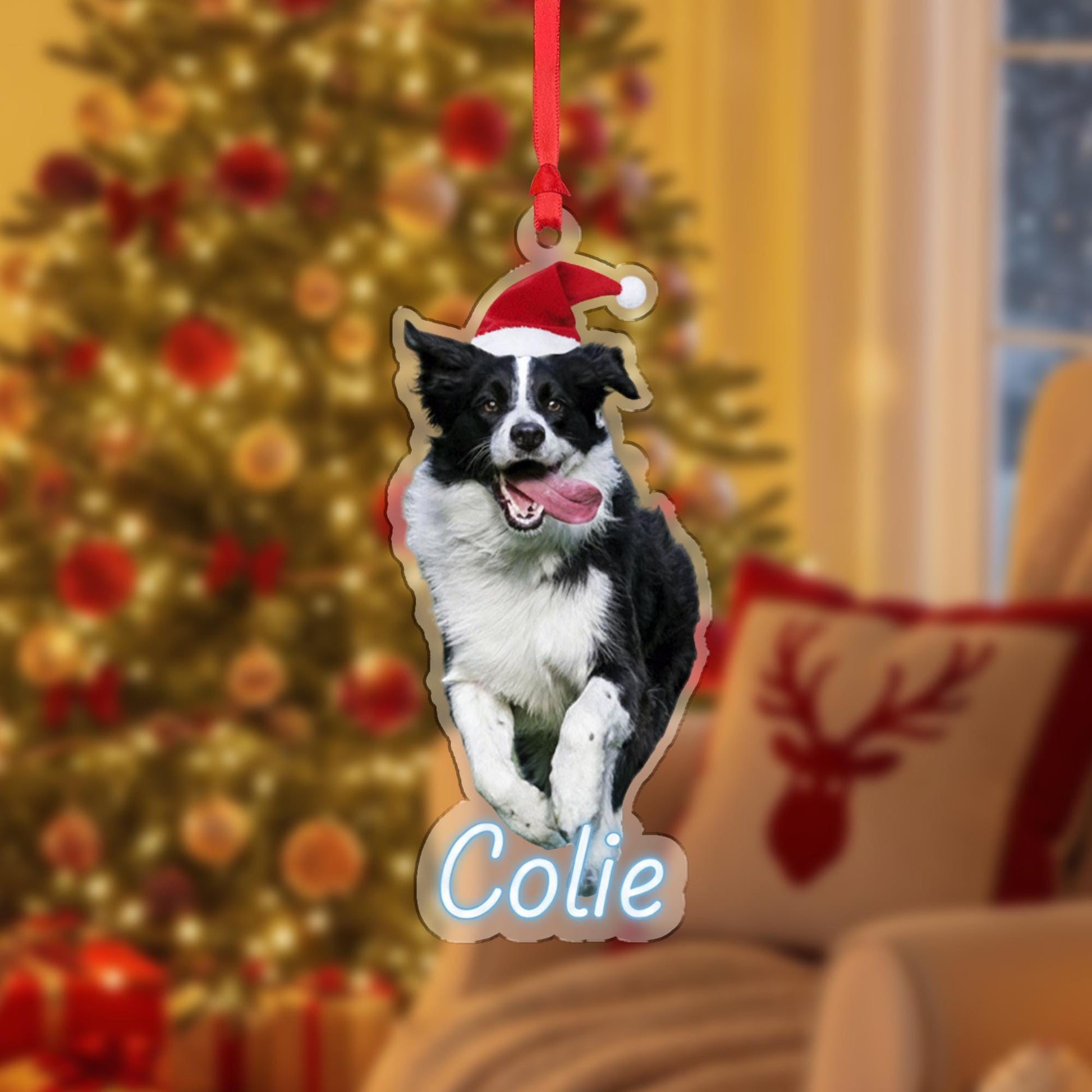 Personalized Dog Ornament – Custom Wooden Pet Christmas Tree Decoration with Santa Hat