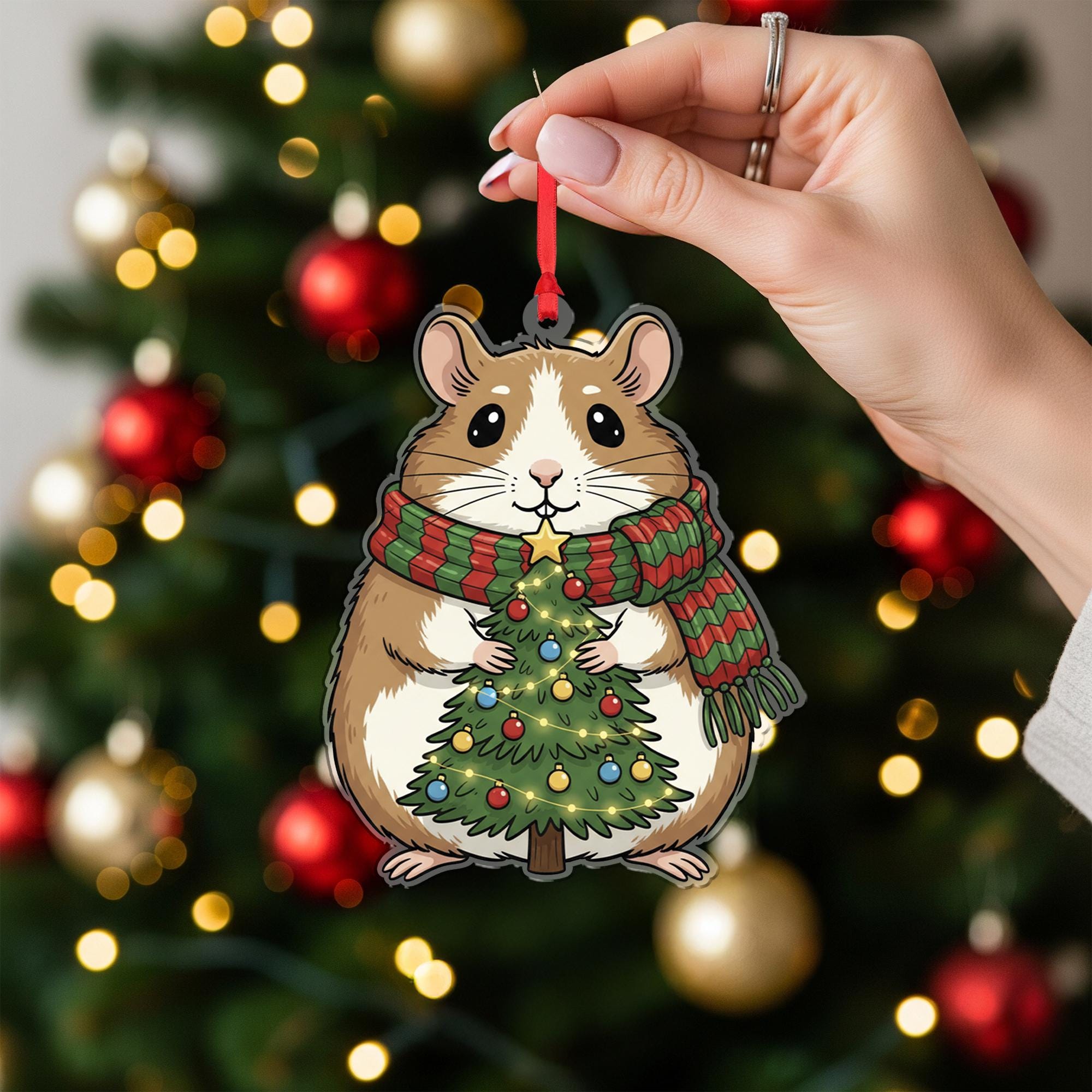 Acrylic Hamster Ornament – Christmas Tree Decoration with Scarf and Holiday Lights
