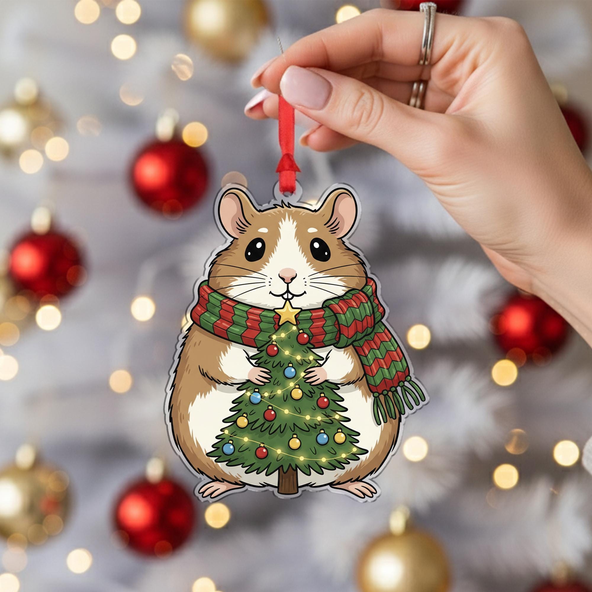 Acrylic Hamster Ornament – Christmas Tree Decoration with Scarf and Holiday Lights