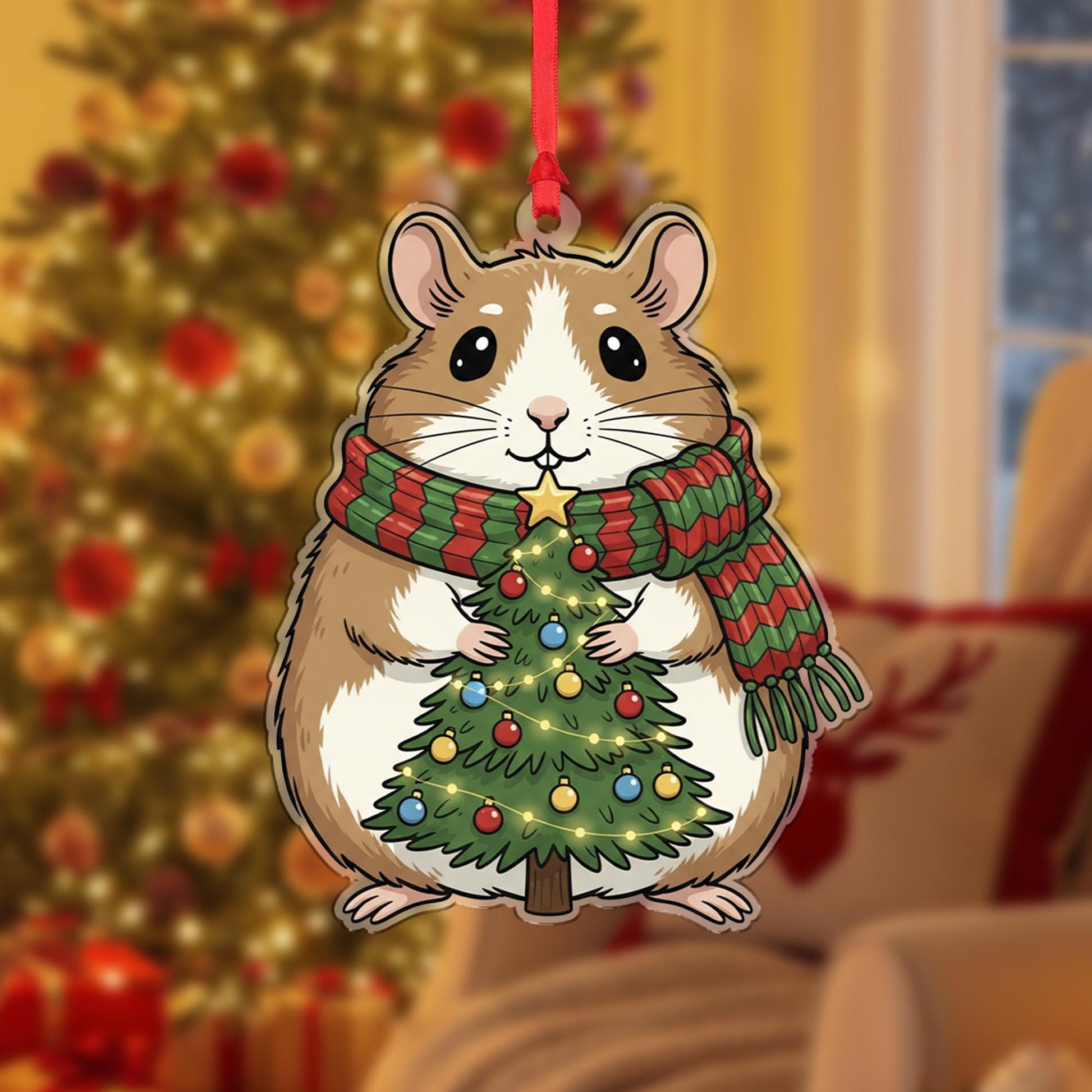Acrylic Hamster Ornament – Christmas Tree Decoration with Scarf and Holiday Lights