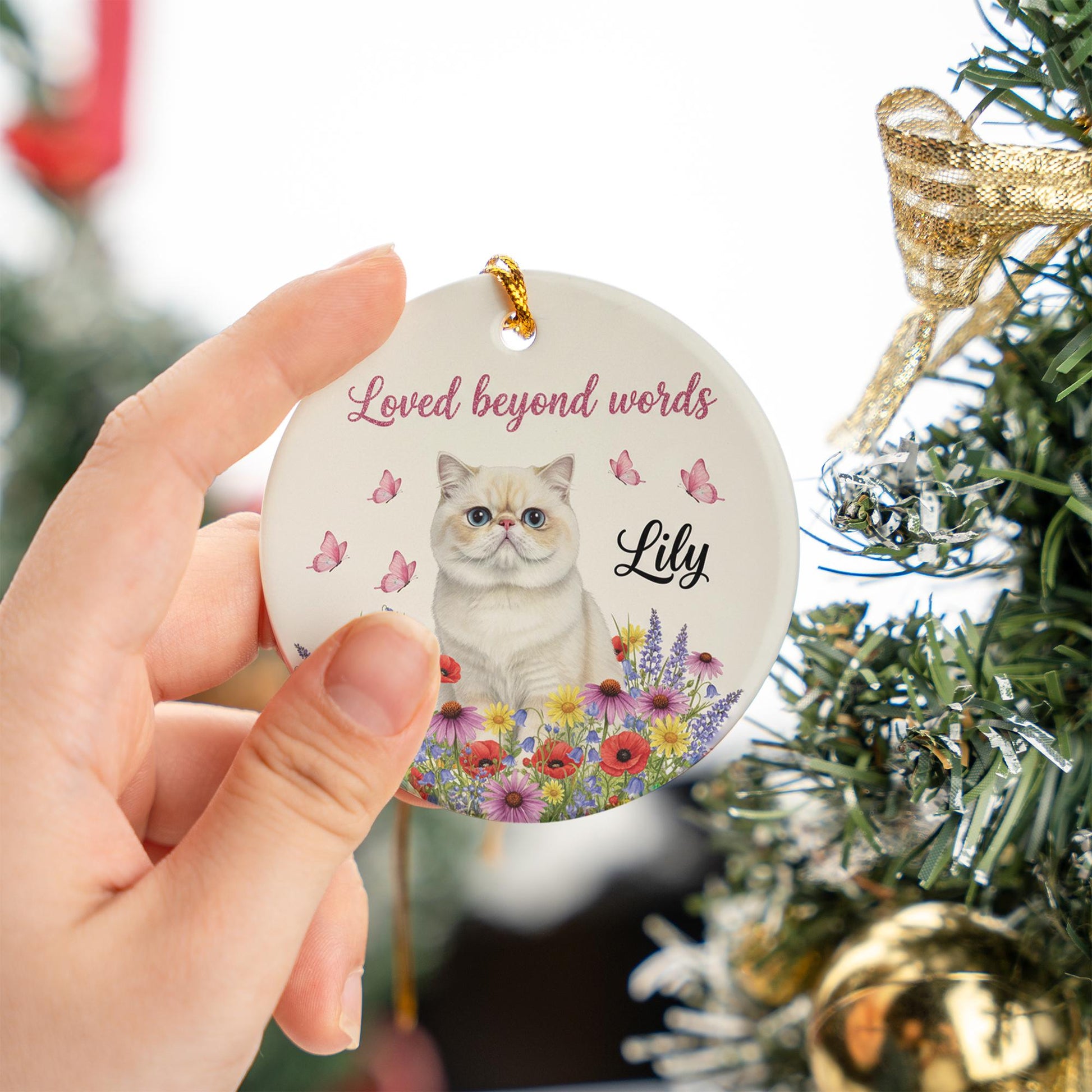 Personalized Ceramic Cat Ornament – Custom Pet Memorial Decoration with Flowers and Butterflies