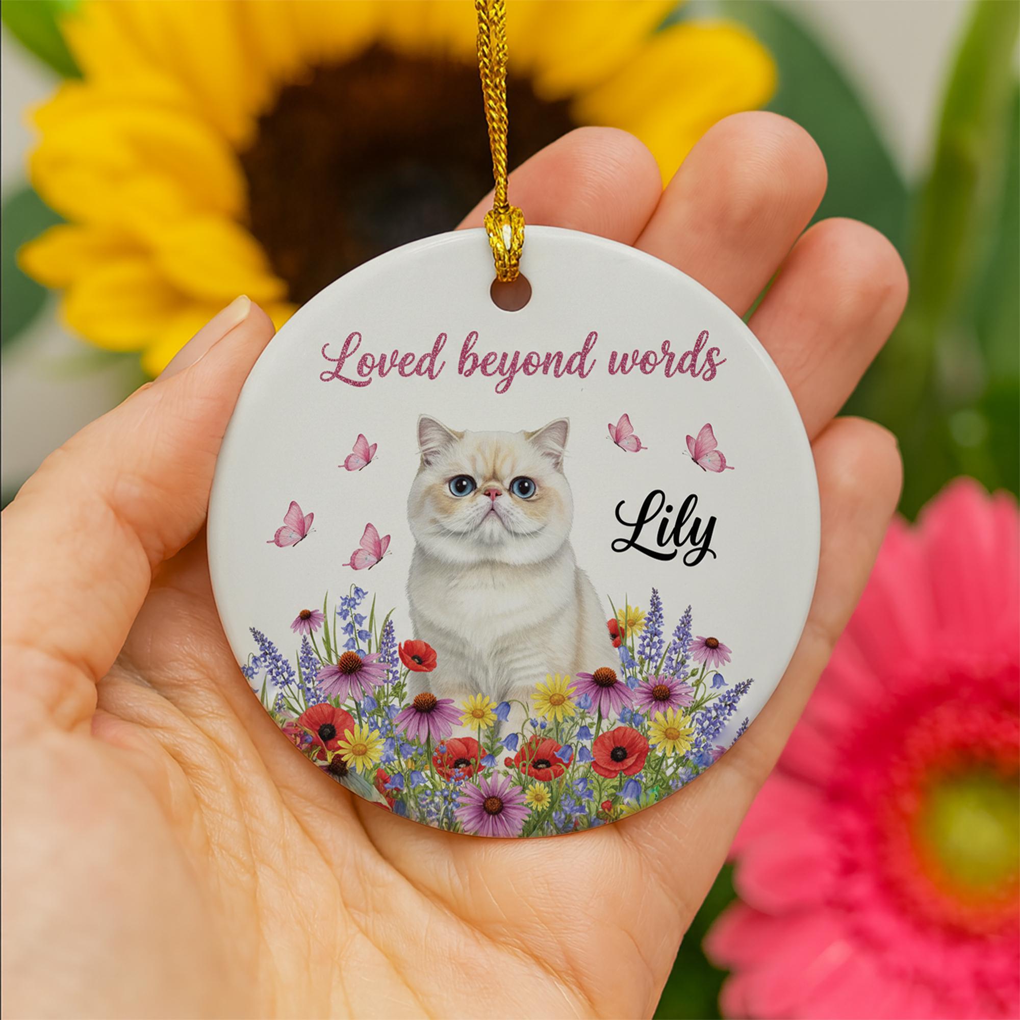 Personalized Ceramic Cat Ornament – Custom Pet Memorial Decoration with Flowers and Butterflies