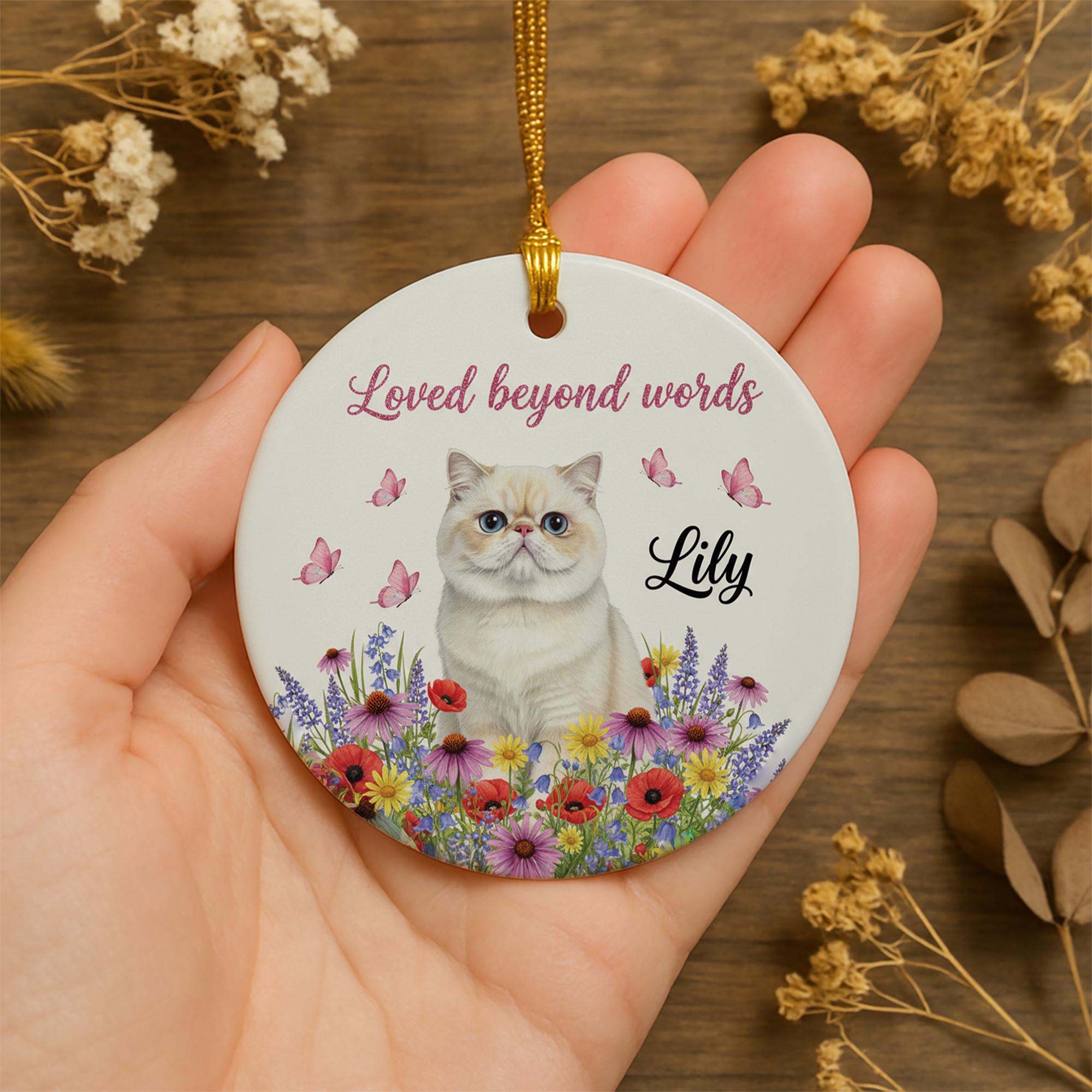 Personalized Ceramic Cat Ornament – Custom Pet Memorial Decoration with Flowers and Butterflies