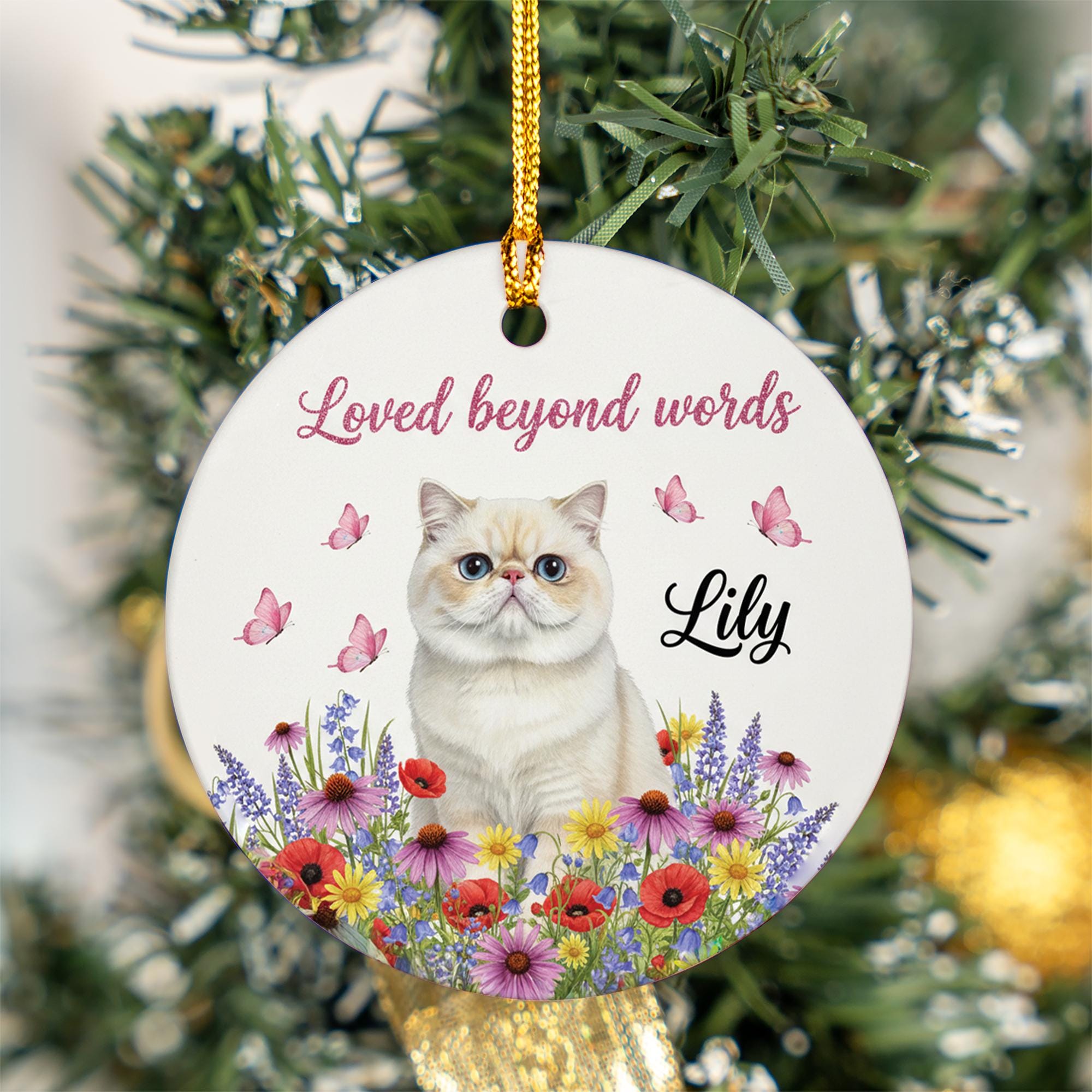 Personalized Ceramic Cat Ornament – Custom Pet Memorial Decoration with Flowers and Butterflies