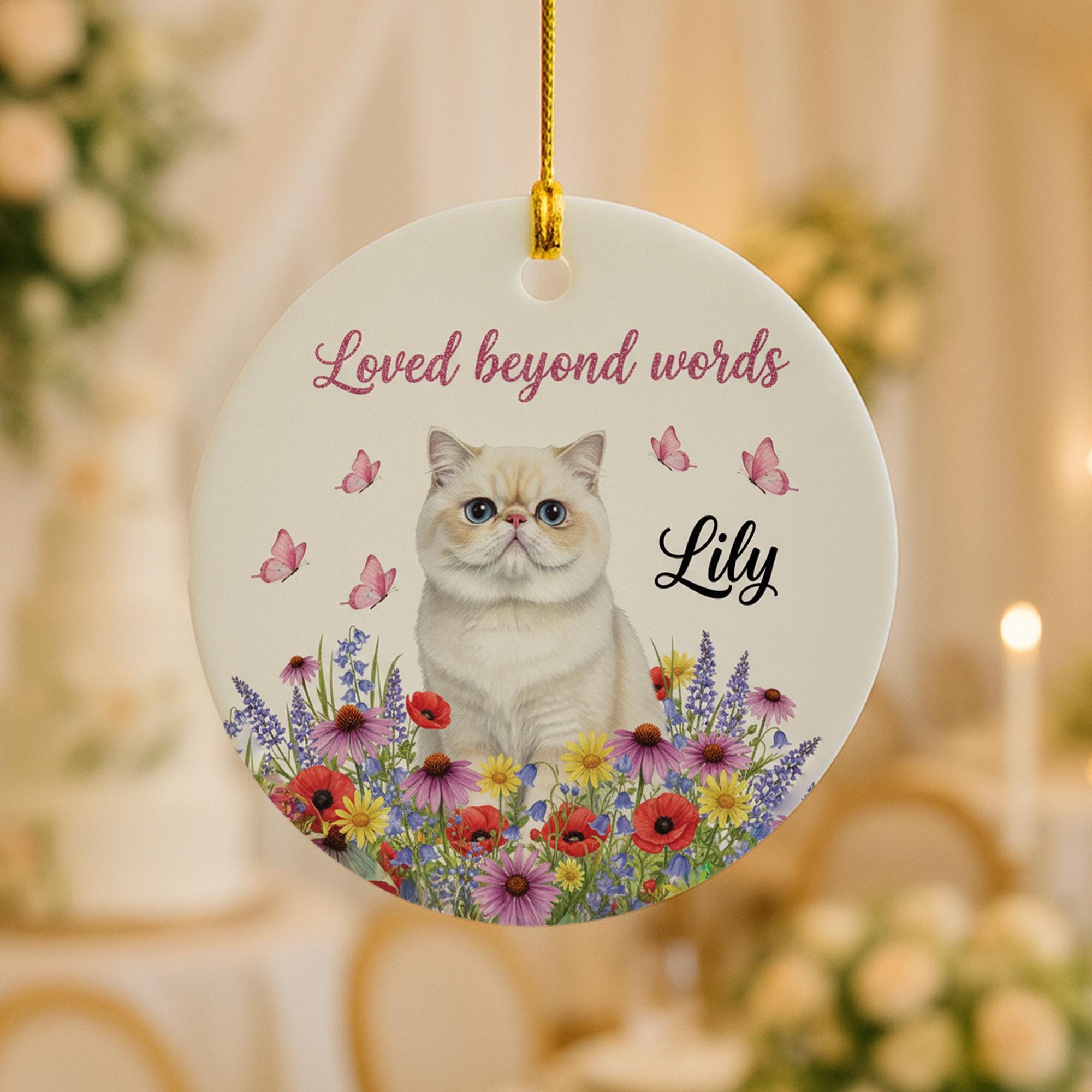 Personalized Ceramic Cat Ornament – Custom Pet Memorial Decoration with Flowers and Butterflies