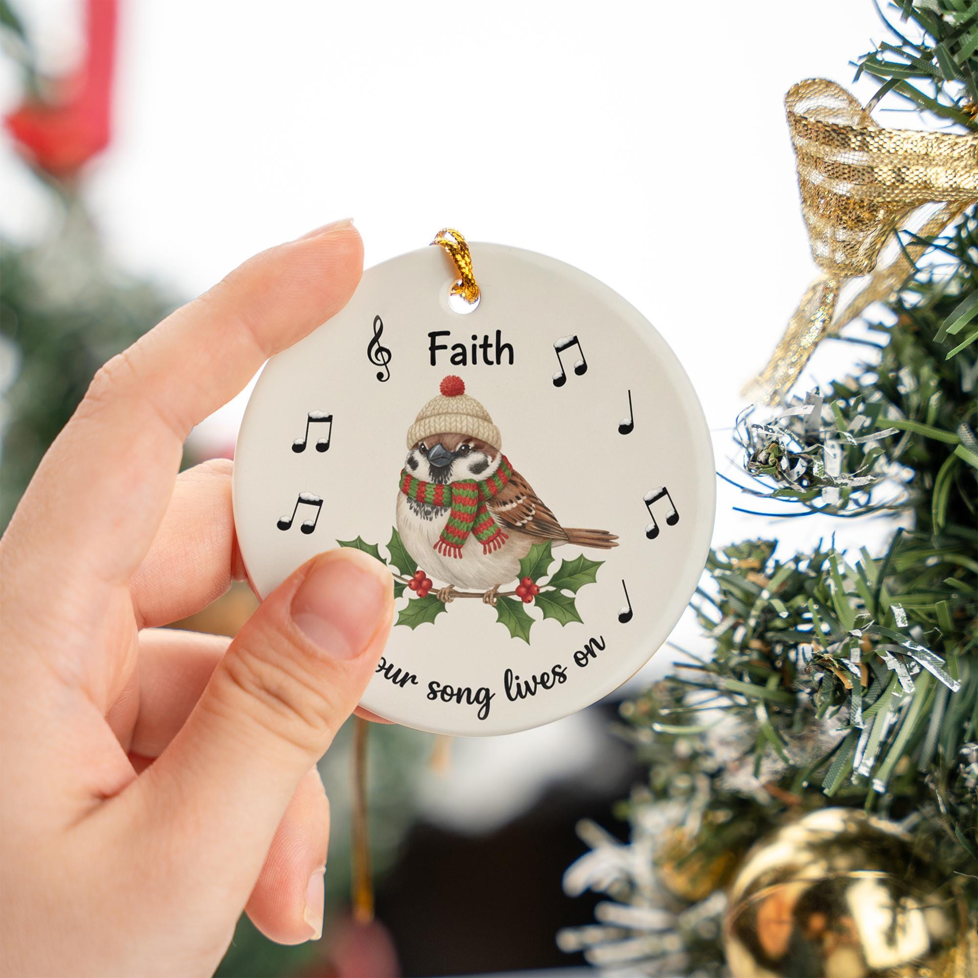 Personalized Ceramic Bird Ornament – Custom Sparrow Memorial Decoration with Music Notes
