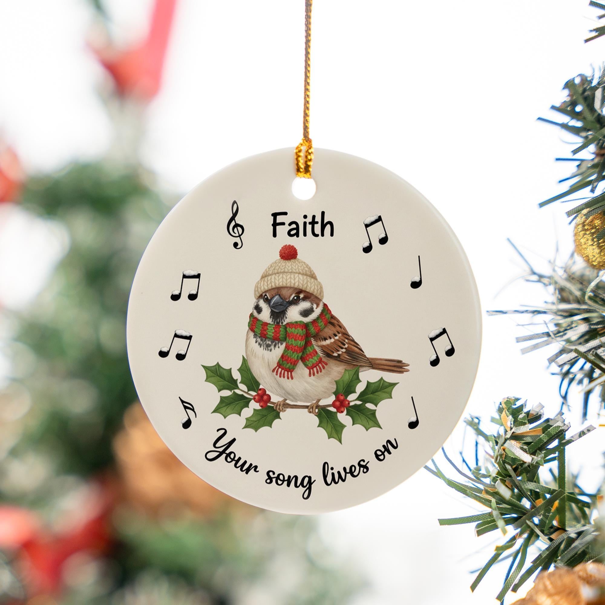 Personalized Ceramic Bird Ornament – Custom Sparrow Memorial Decoration with Music Notes