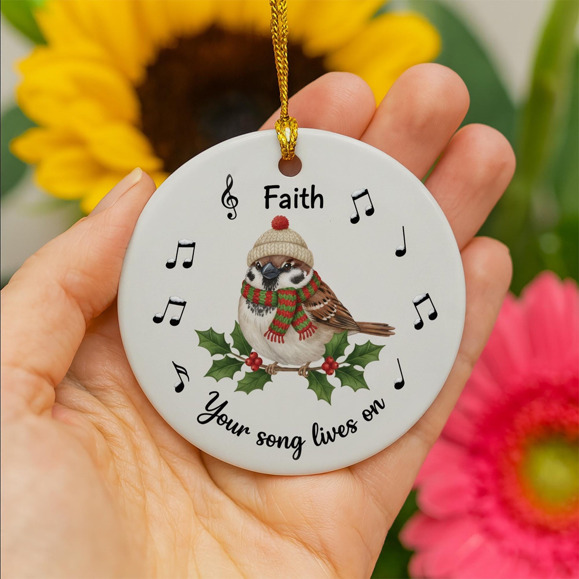 Personalized Ceramic Bird Ornament – Custom Sparrow Memorial Decoration with Music Notes