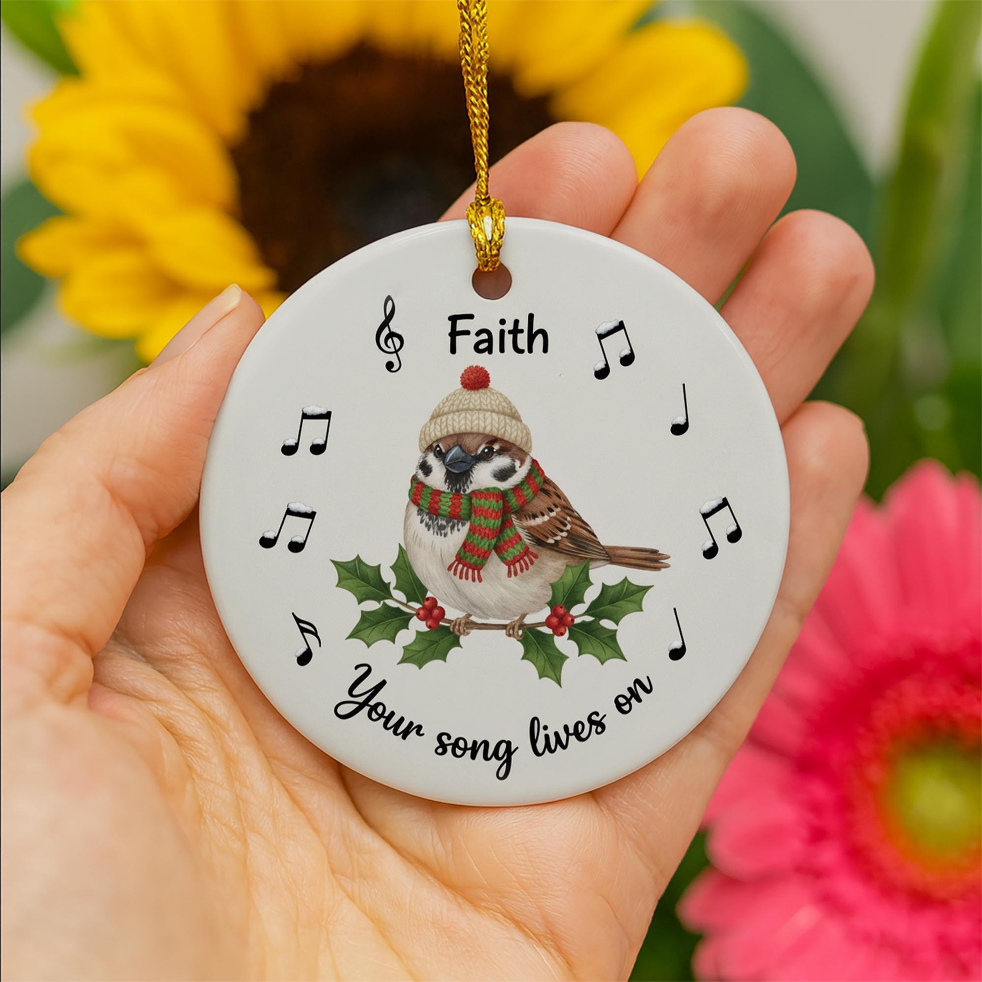 Personalized Ceramic Bird Ornament – Custom Sparrow Memorial Decoration with Music Notes