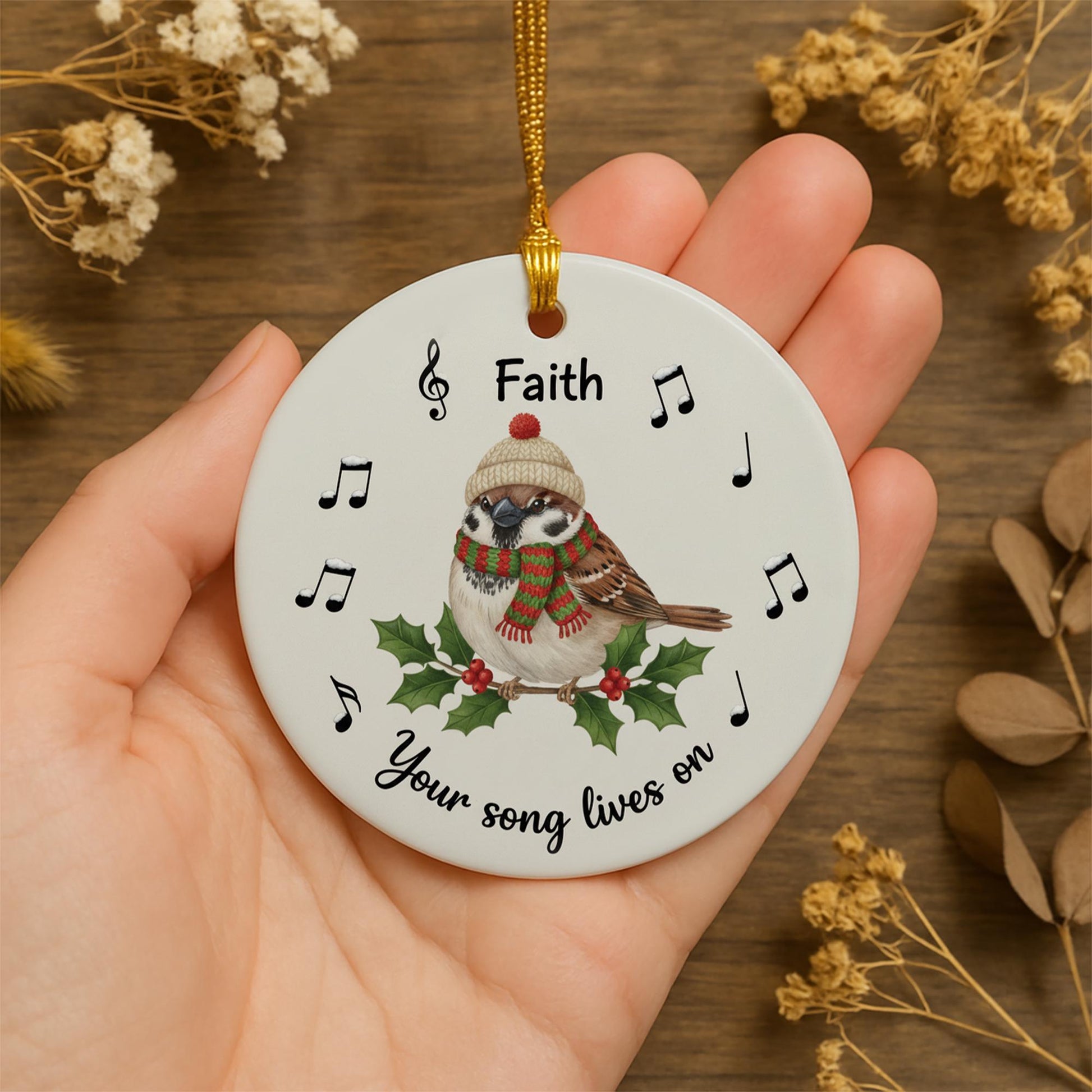 Personalized Ceramic Bird Ornament – Custom Sparrow Memorial Decoration with Music Notes
