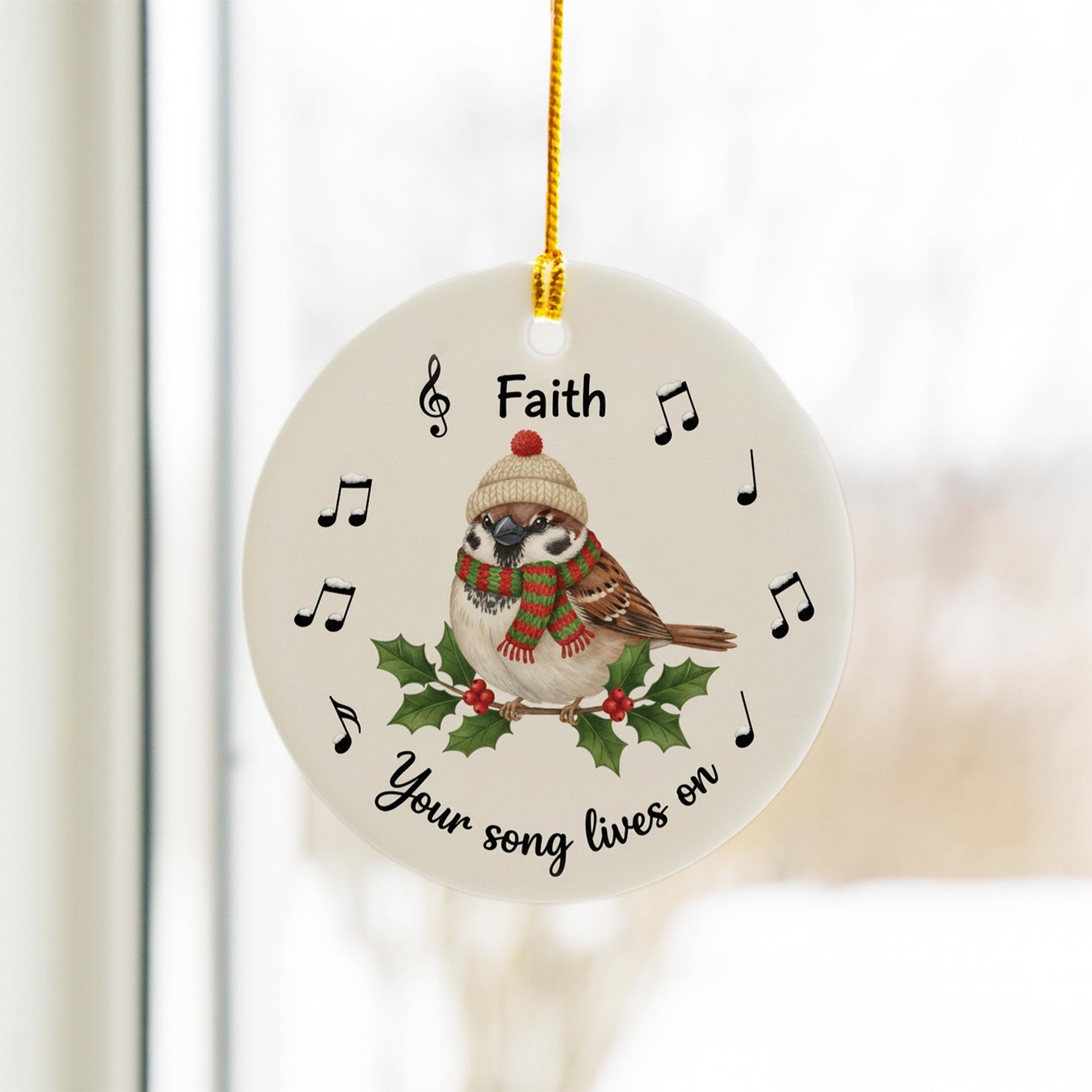 Personalized Ceramic Bird Ornament – Custom Sparrow Memorial Decoration with Music Notes