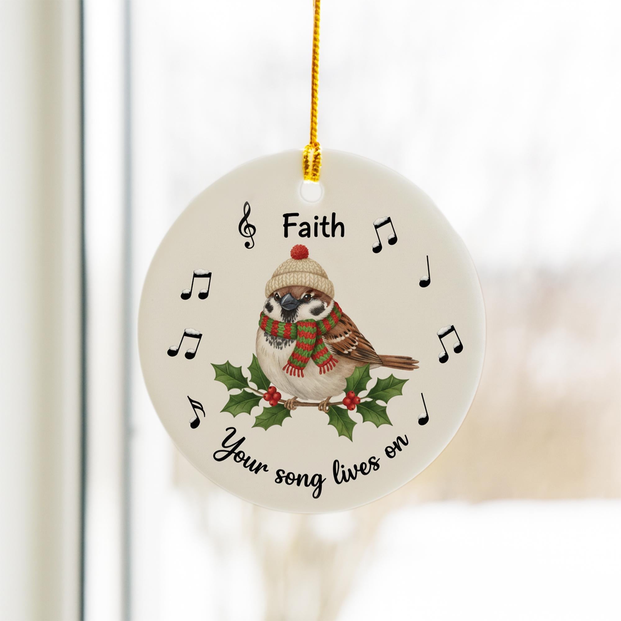 Personalized Ceramic Bird Ornament – Custom Sparrow Memorial Decoration with Music Notes