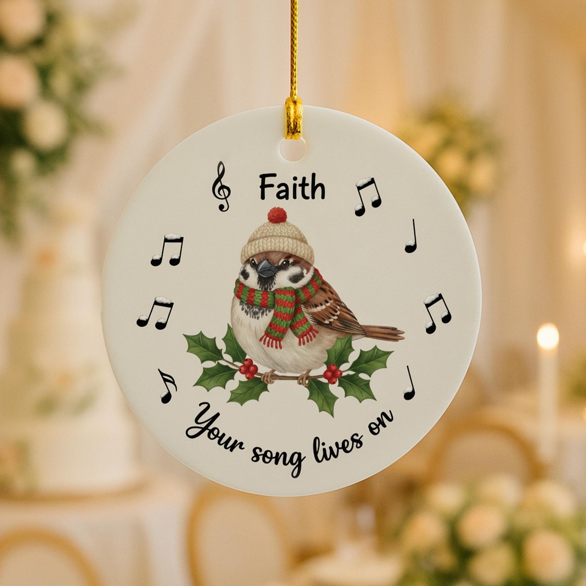Personalized Ceramic Bird Ornament – Custom Sparrow Memorial Decoration with Music Notes
