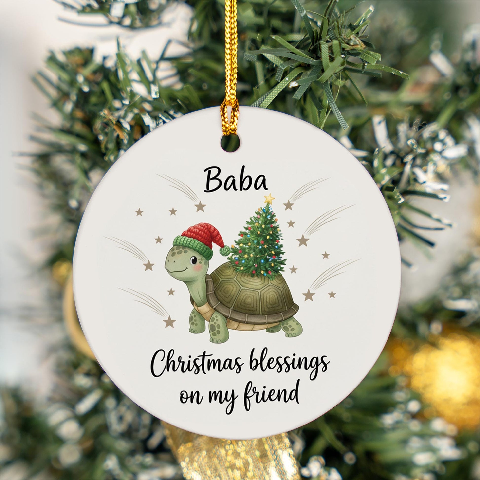 Personalized Ceramic Turtle Ornament – Custom Christmas Tree Decoration with Santa Hat and Holiday Lights