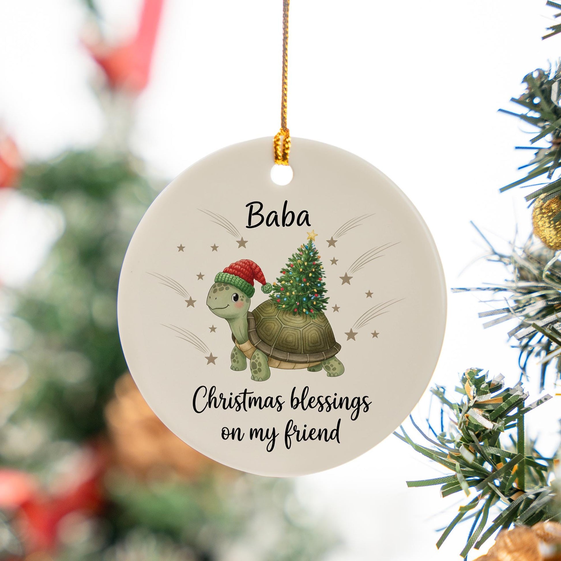 Personalized Ceramic Turtle Ornament – Custom Christmas Tree Decoration with Santa Hat and Holiday Lights