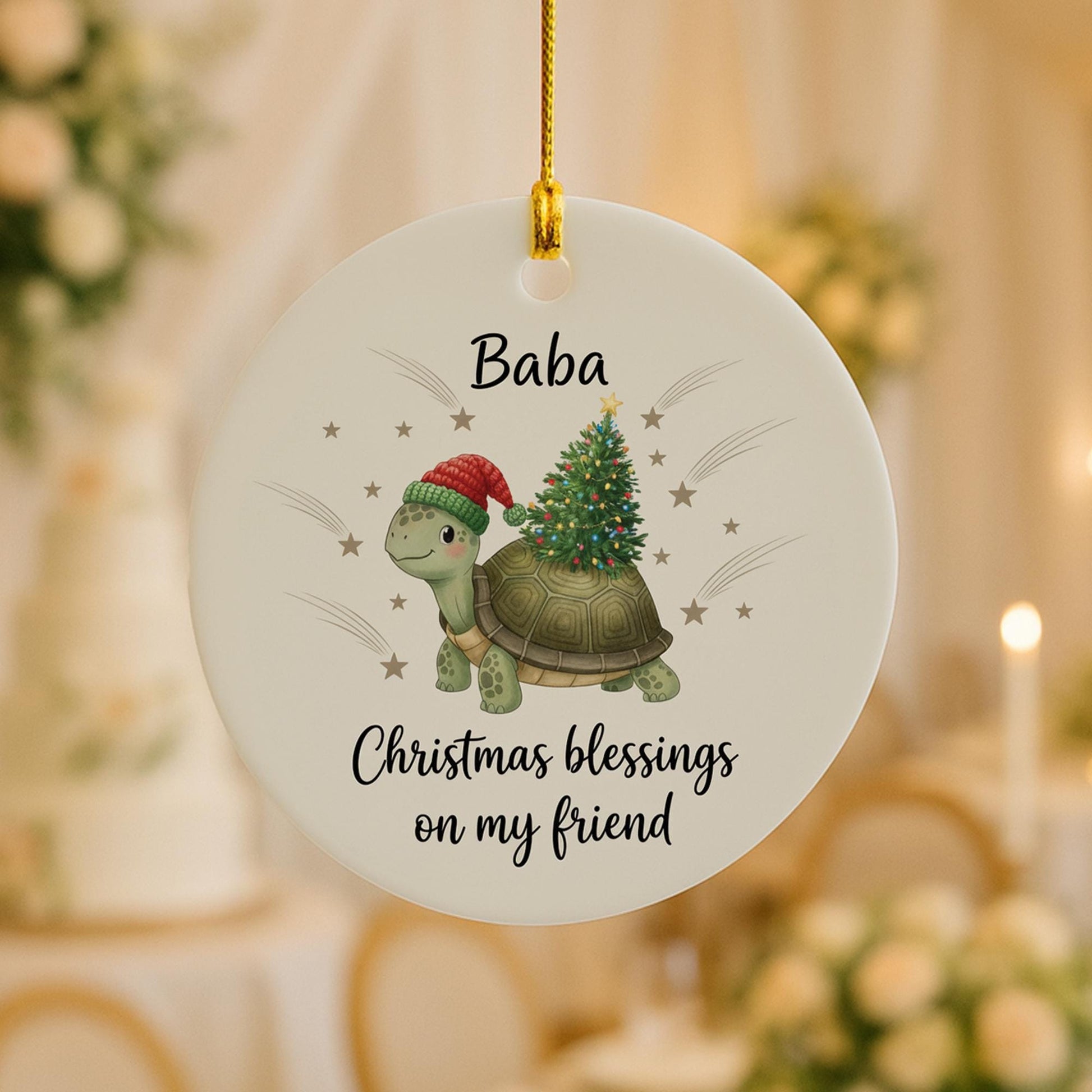 Personalized Ceramic Turtle Ornament – Custom Christmas Tree Decoration with Santa Hat and Holiday Lights