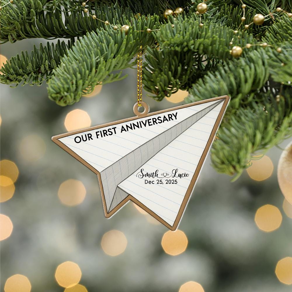 Paper Airplane Ornament • First Anniversary Ornament • Custom Date Ornament • Acrylic or Wood Christmas Ornament