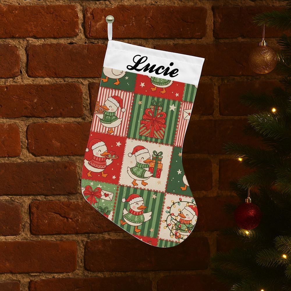 Personalized Christmas Stocking with Name – Duck Pattern Holiday Stocking – Custom Xmas Tree Decoration