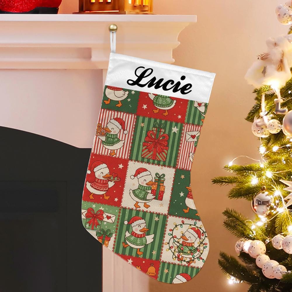 Personalized Christmas Stocking with Name – Duck Pattern Holiday Stocking – Custom Xmas Tree Decoration