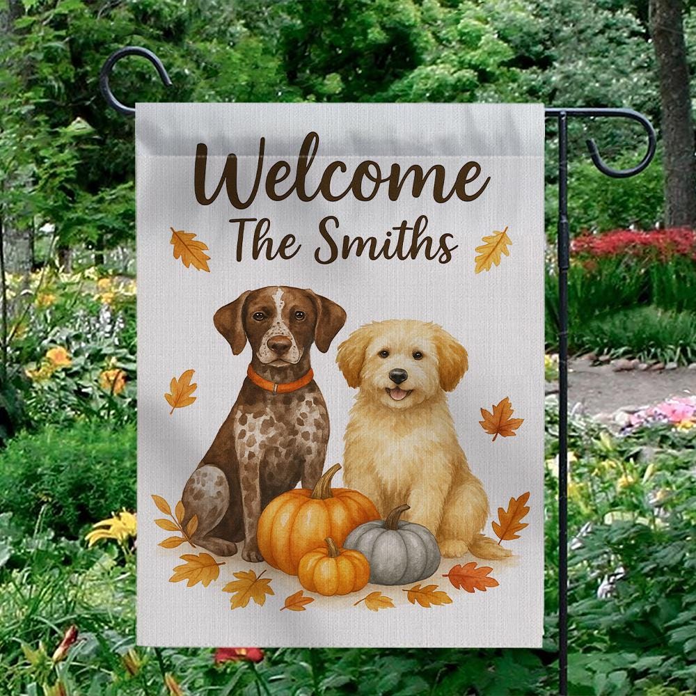 Garden Flag Personalized Dog Design with Pumpkins and Fall Leaves Outdoor Decoration