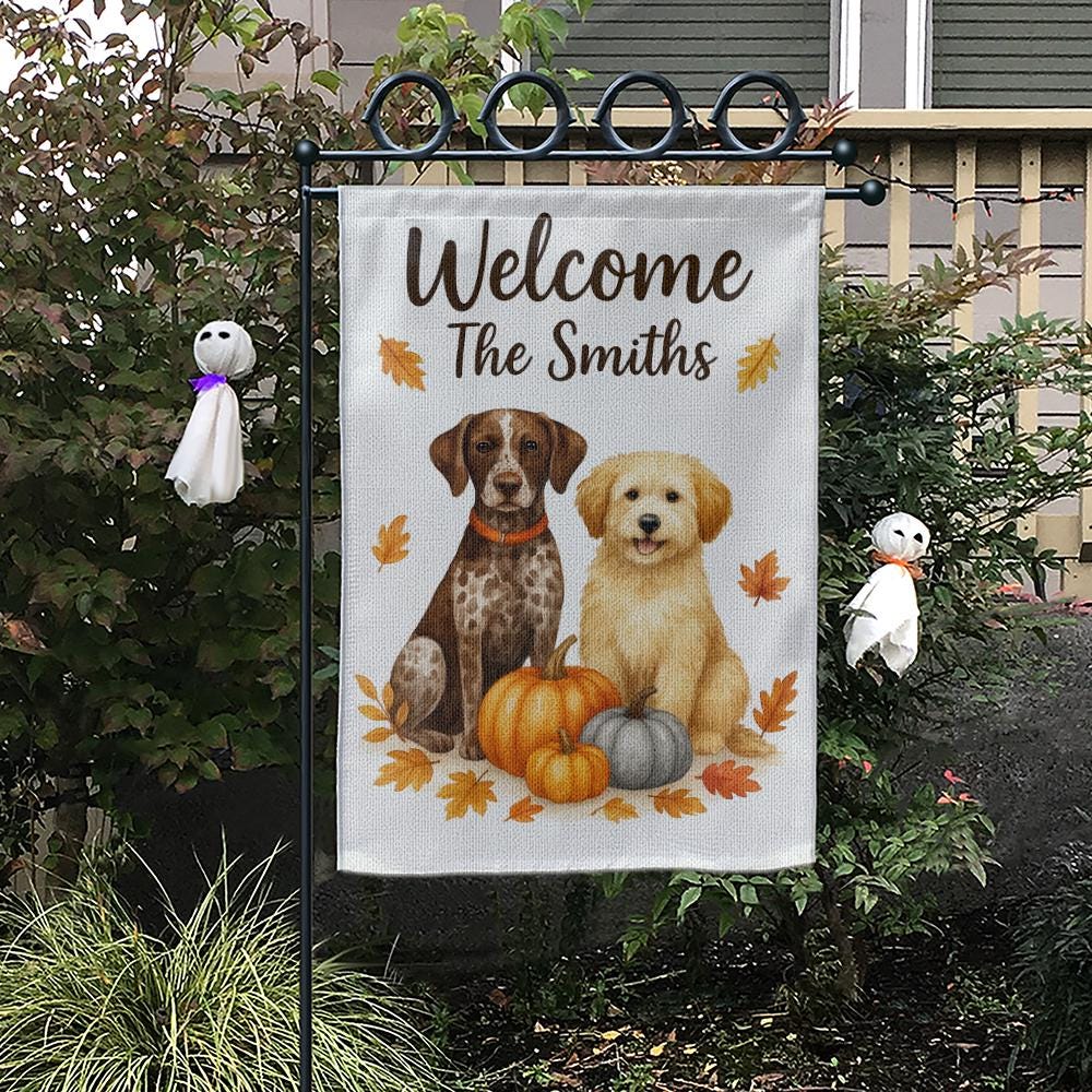 Garden Flag Personalized Dog Design with Pumpkins and Fall Leaves Outdoor Decoration