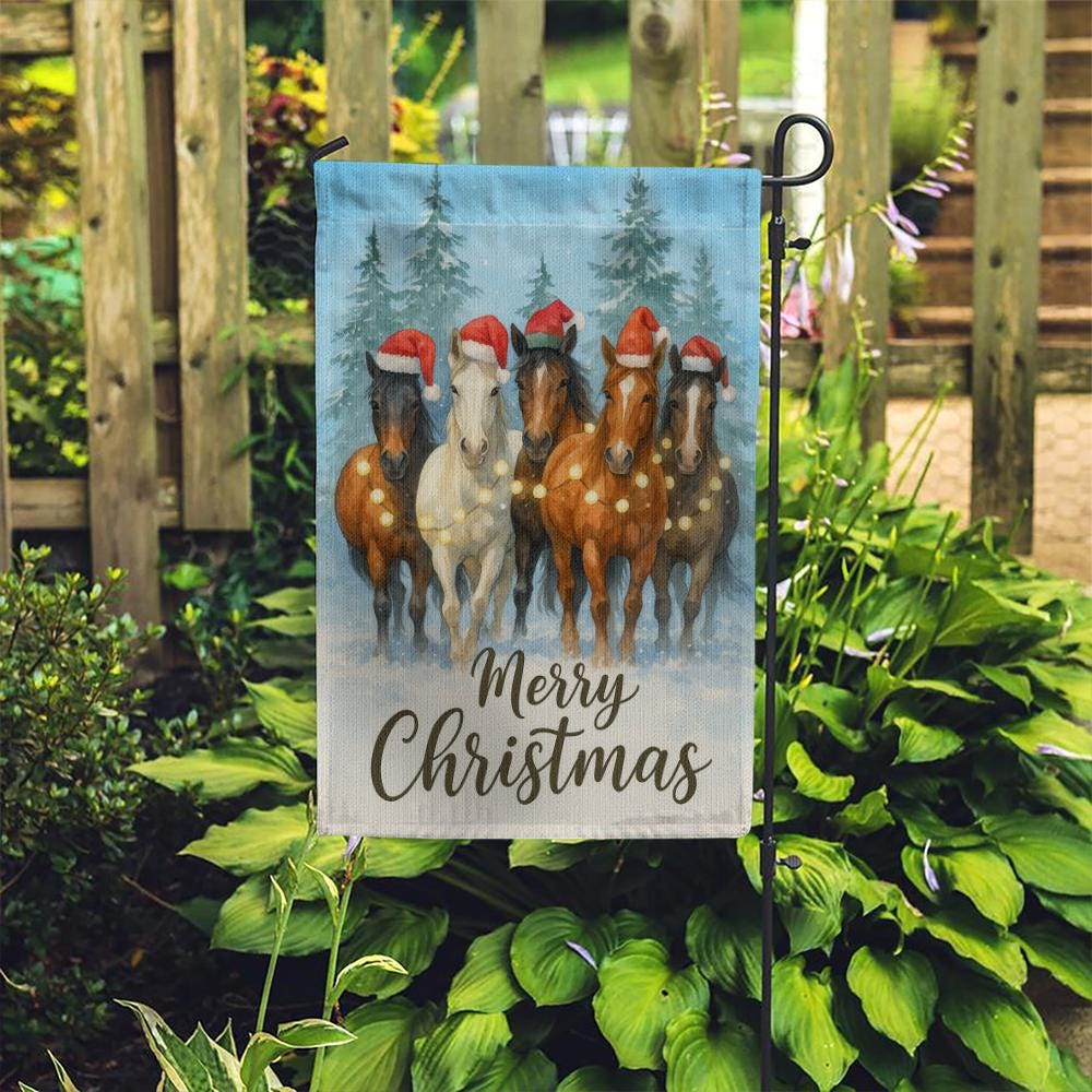 Garden Flag Christmas Horses with Santa Hats Winter Outdoor Decoration