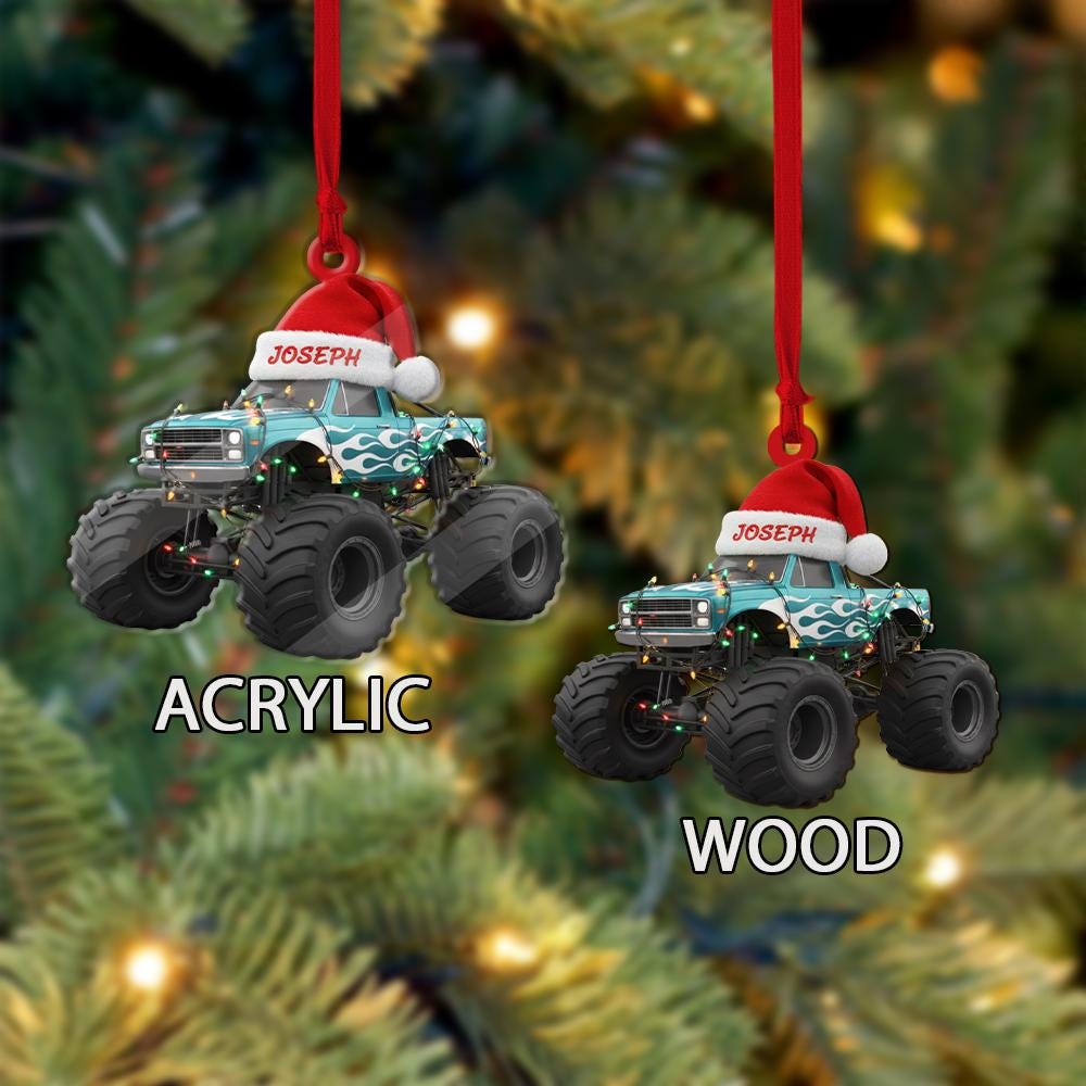 Ornament Monster Truck Personalized Christmas Tree Decoration with Santa Hat
