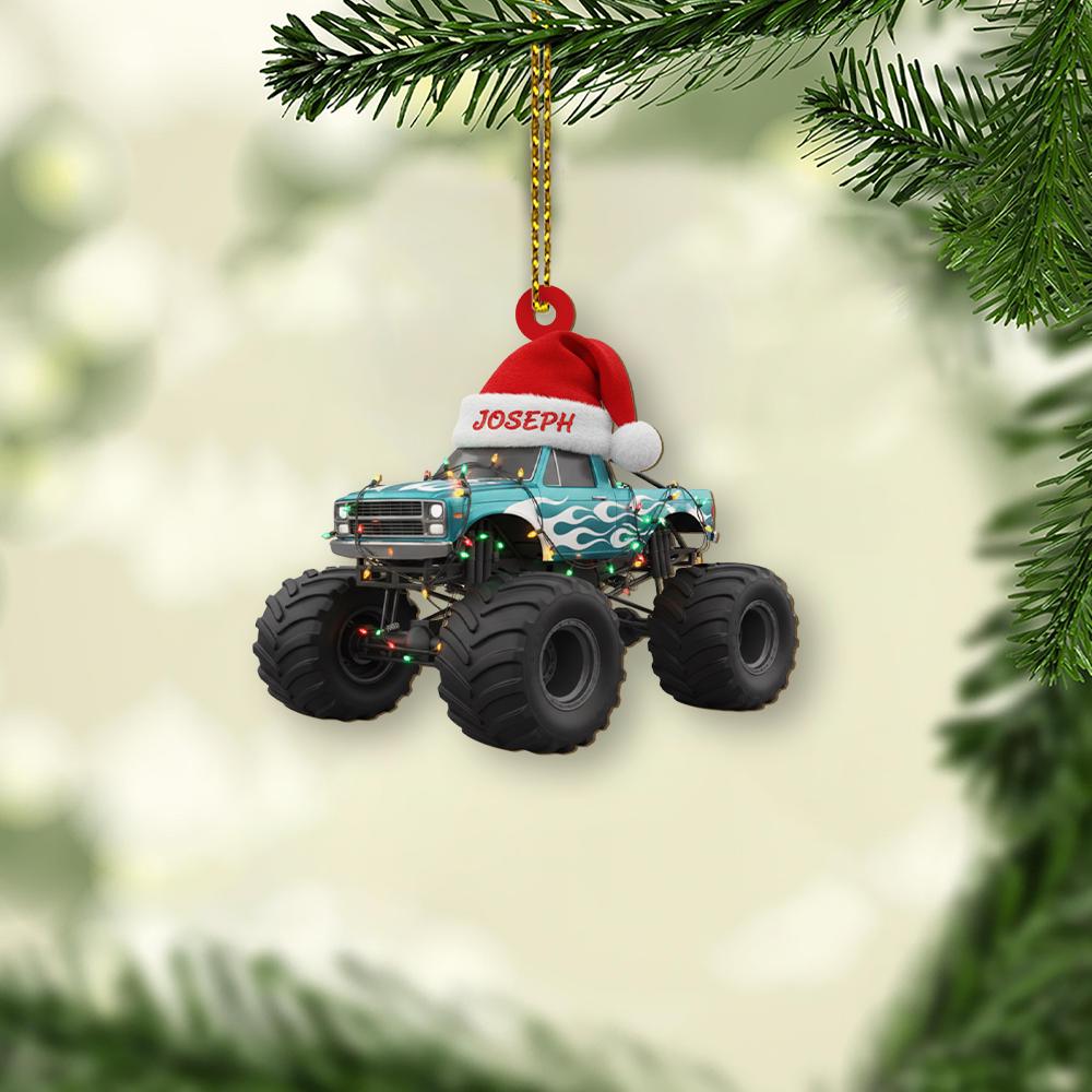 Ornament Monster Truck Personalized Christmas Tree Decoration with Santa Hat