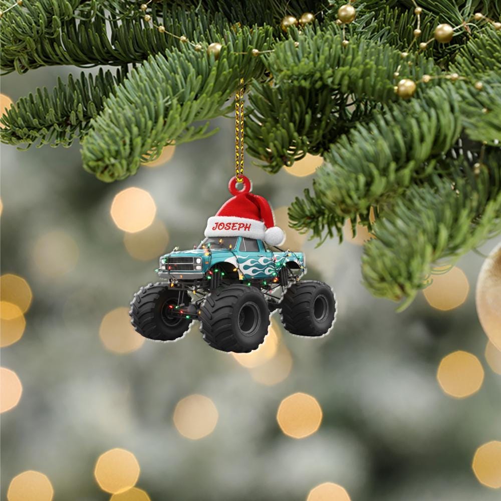 Ornament Monster Truck Personalized Christmas Tree Decoration with Santa Hat
