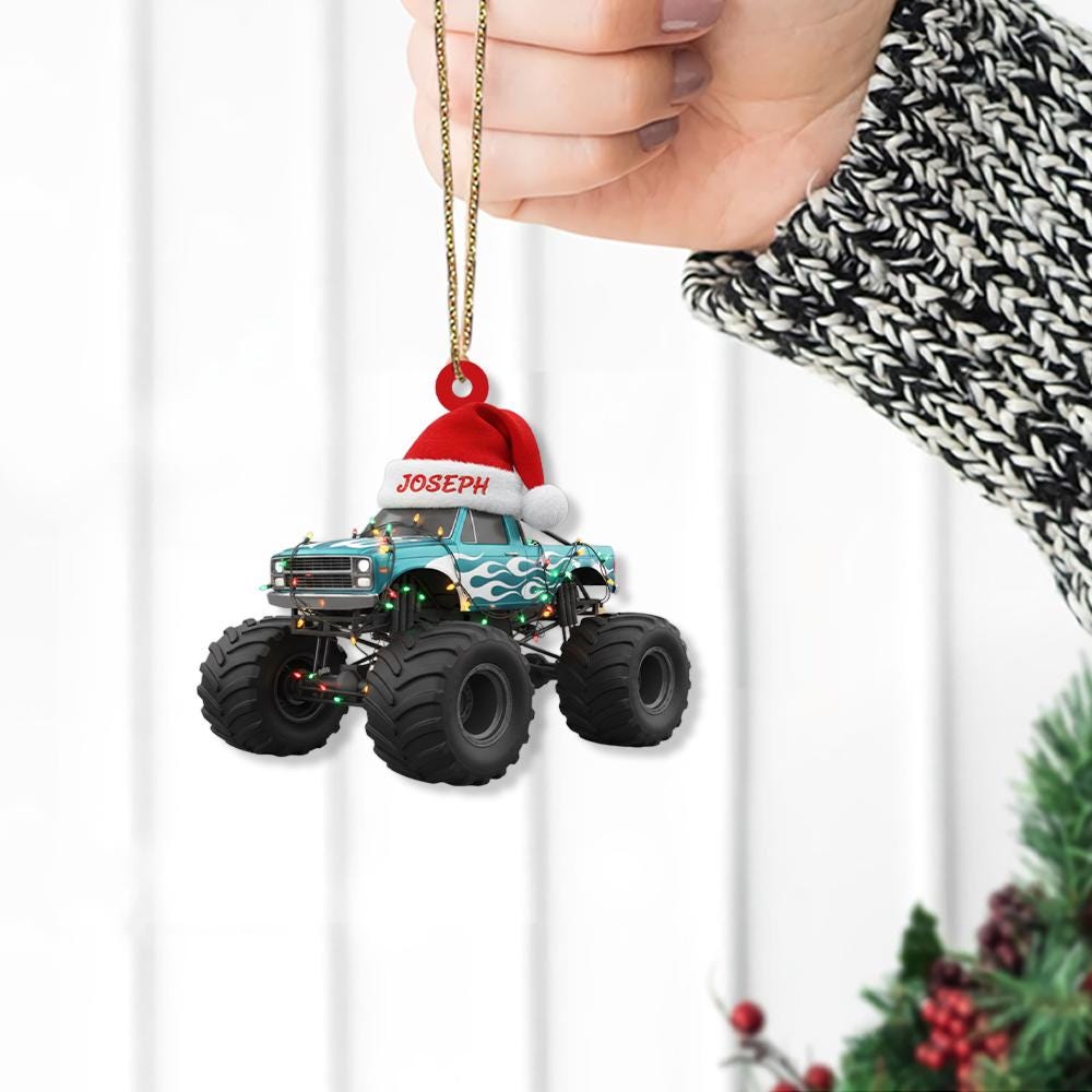 Ornament Monster Truck Personalized Christmas Tree Decoration with Santa Hat