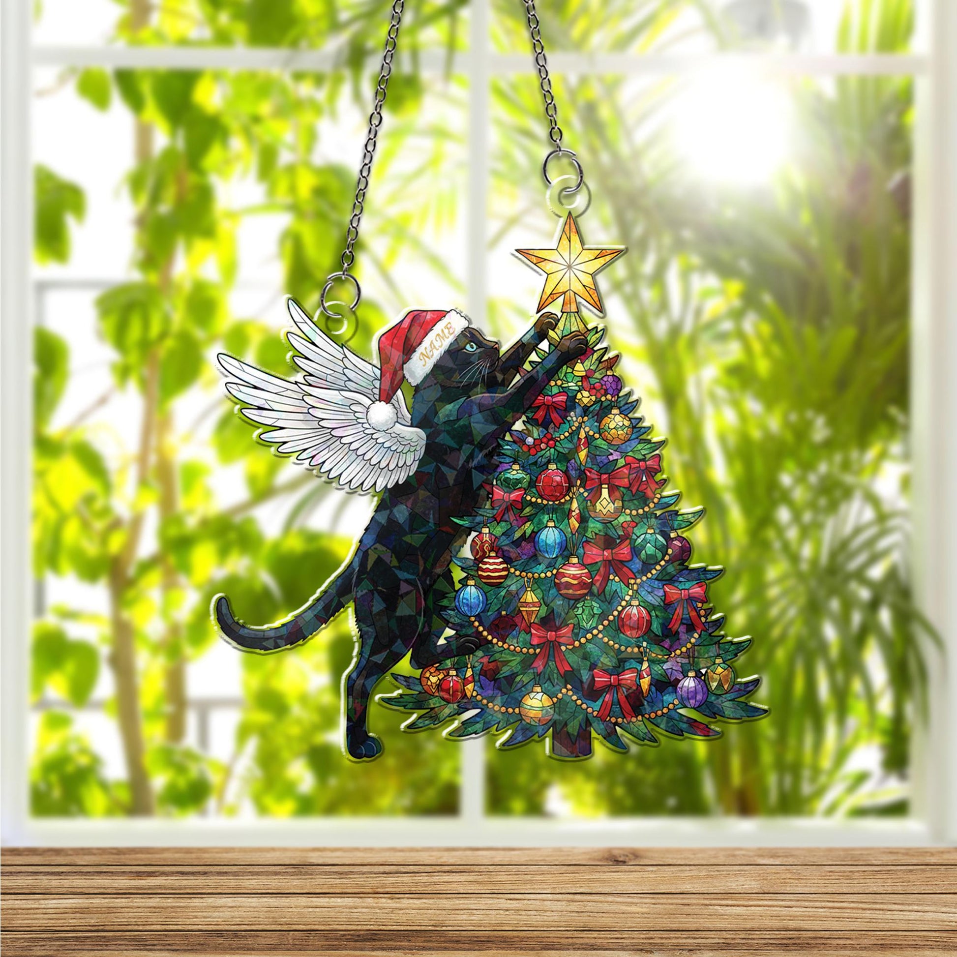Acrylic Hologram Cat Angel Christmas Tree Window Hanging: Holiday Pet Lover Decor