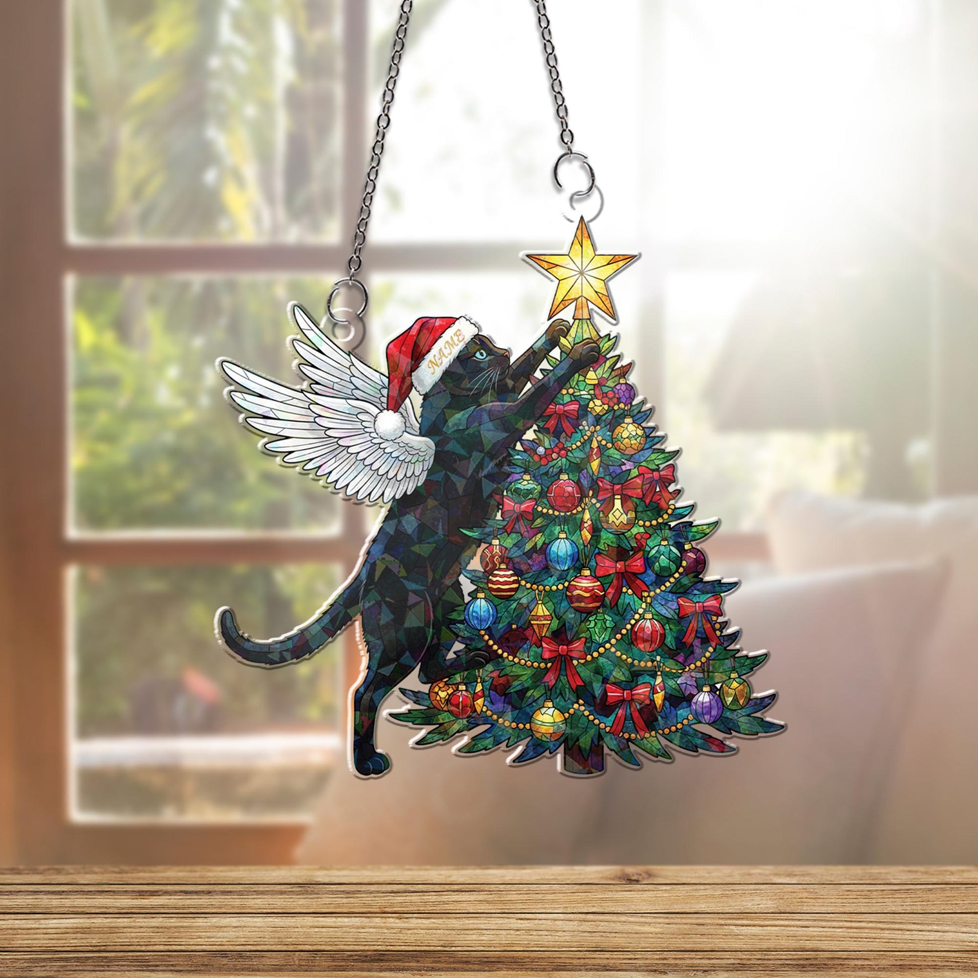 Acrylic Hologram Cat Angel Christmas Tree Window Hanging: Holiday Pet Lover Decor